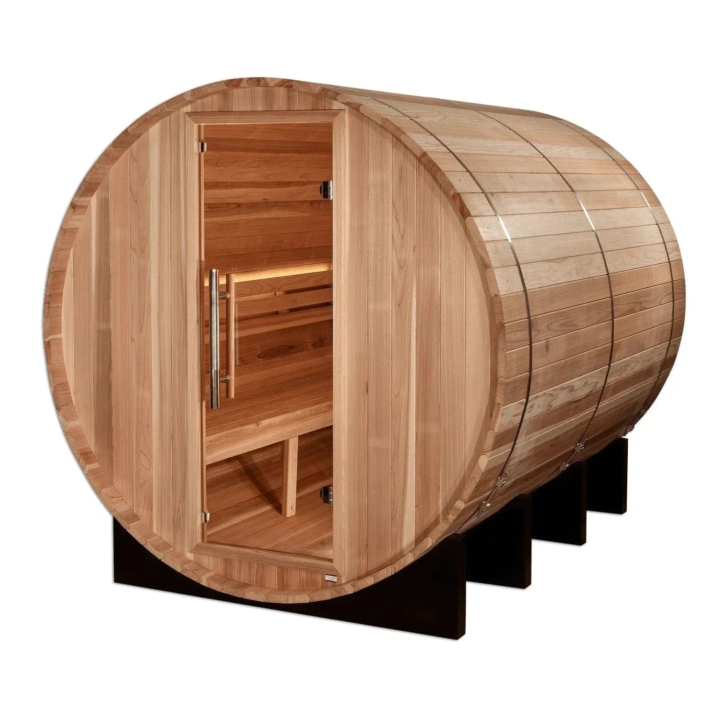 Luxury 6 person barrel sauna Golden Designs Klosters with handcrafted cedar wood build, outdoor installation design, and authentic traditional sauna heat therapy experience.
