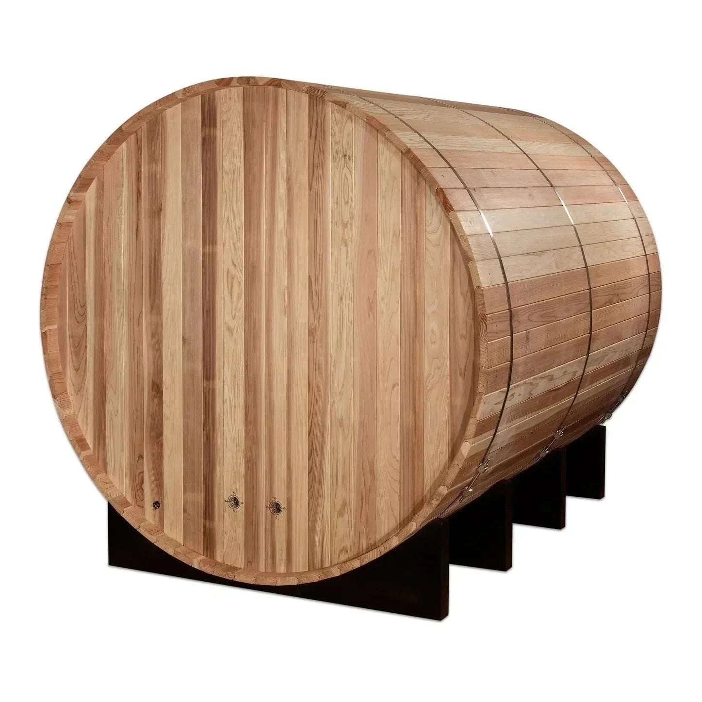 Golden Designs Klosters GDI-B006-01 outdoor barrel sauna for 6 people with natural wood construction, spacious interior, and traditional hot sauna heating system.