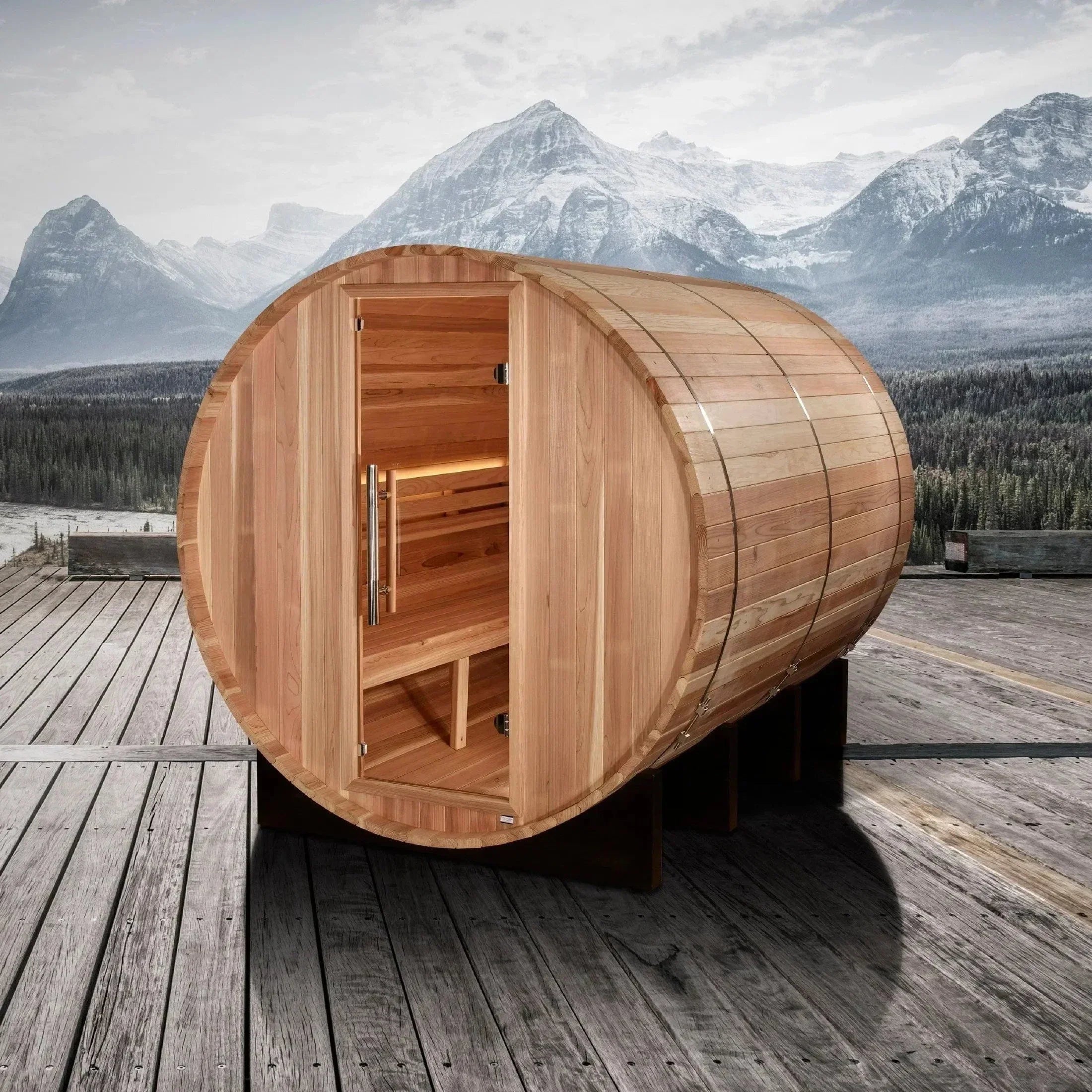 6 Person Golden Designs Klosters Barrel Sauna made from premium cedar wood featuring outdoor cylindrical design and powerful heater for full-body relaxation and wellness.