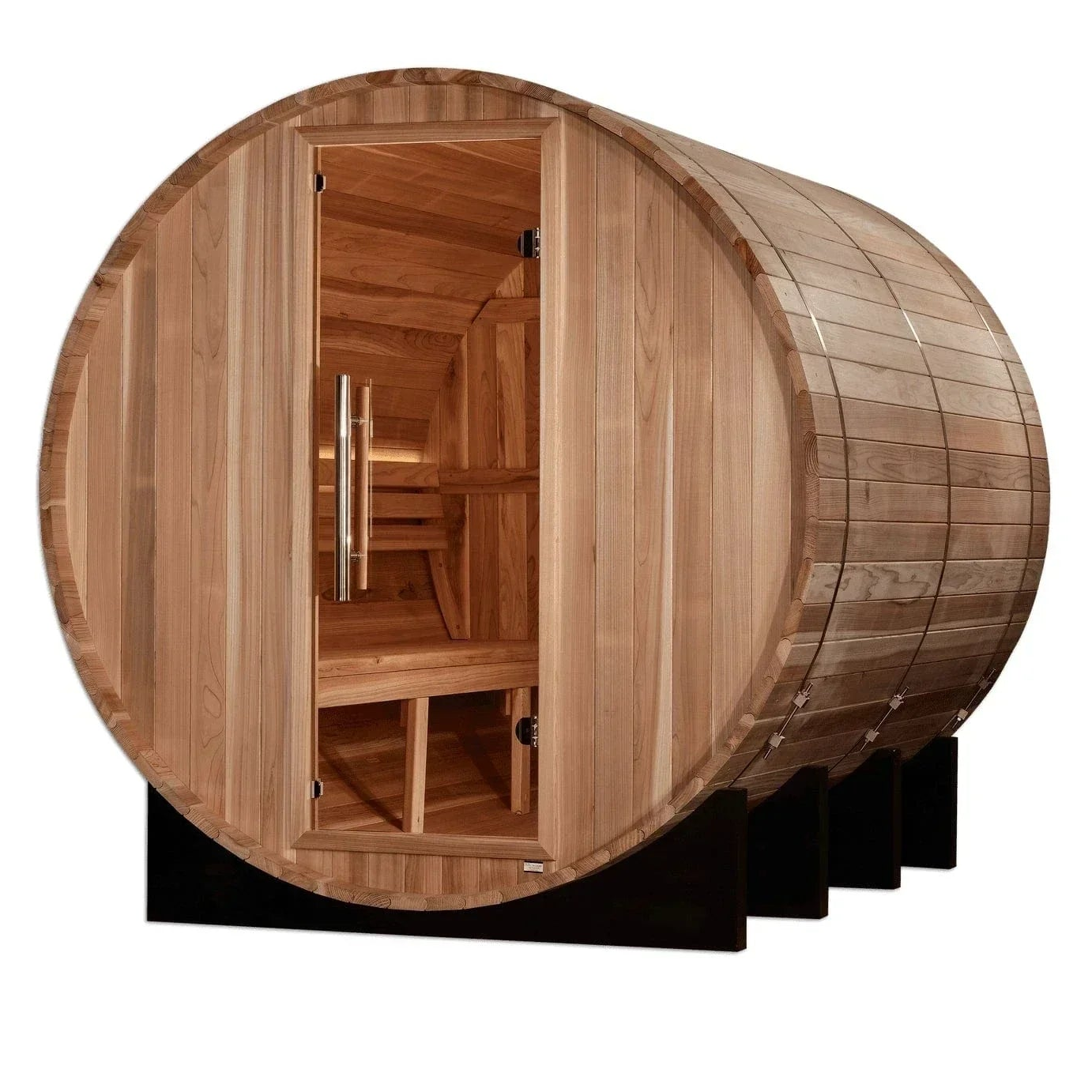 Golden Designs Klosters GDI-B006-01 6-person traditional outdoor barrel sauna kit made from Pacific Premium Cedar wood.