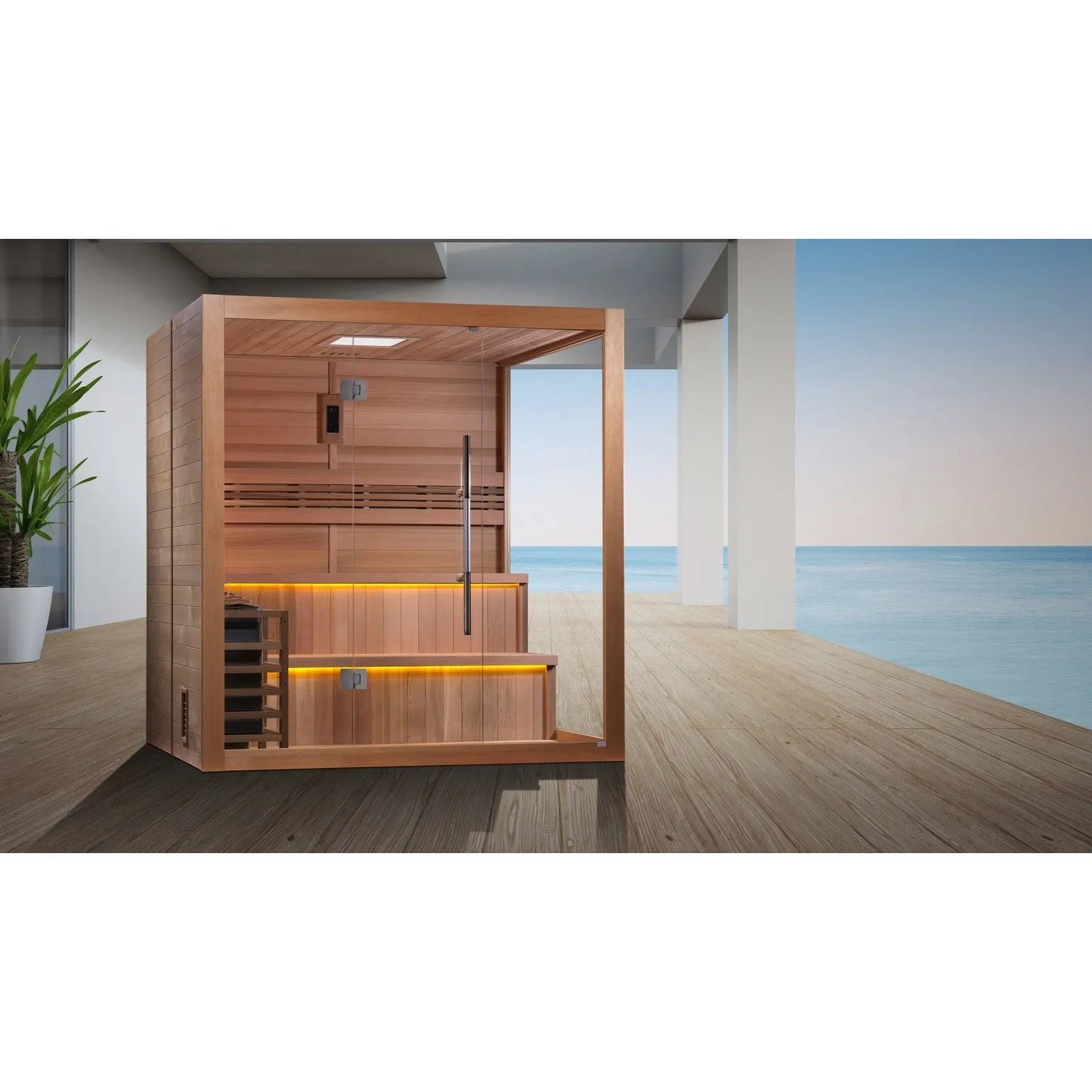 6-person indoor traditional sauna Golden Designs Kuusamo Edition with premium Canadian red cedar wood interior and spa-style home wellness cabin