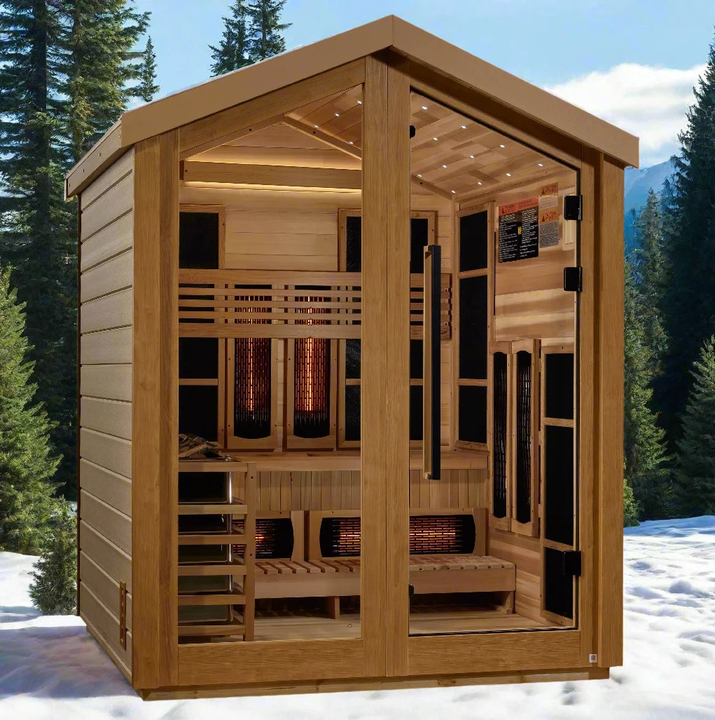 Golden Designs Loviisa outdoor sauna cabin for 3 people combining infrared therapy and traditional sauna heat with cedar wood construction