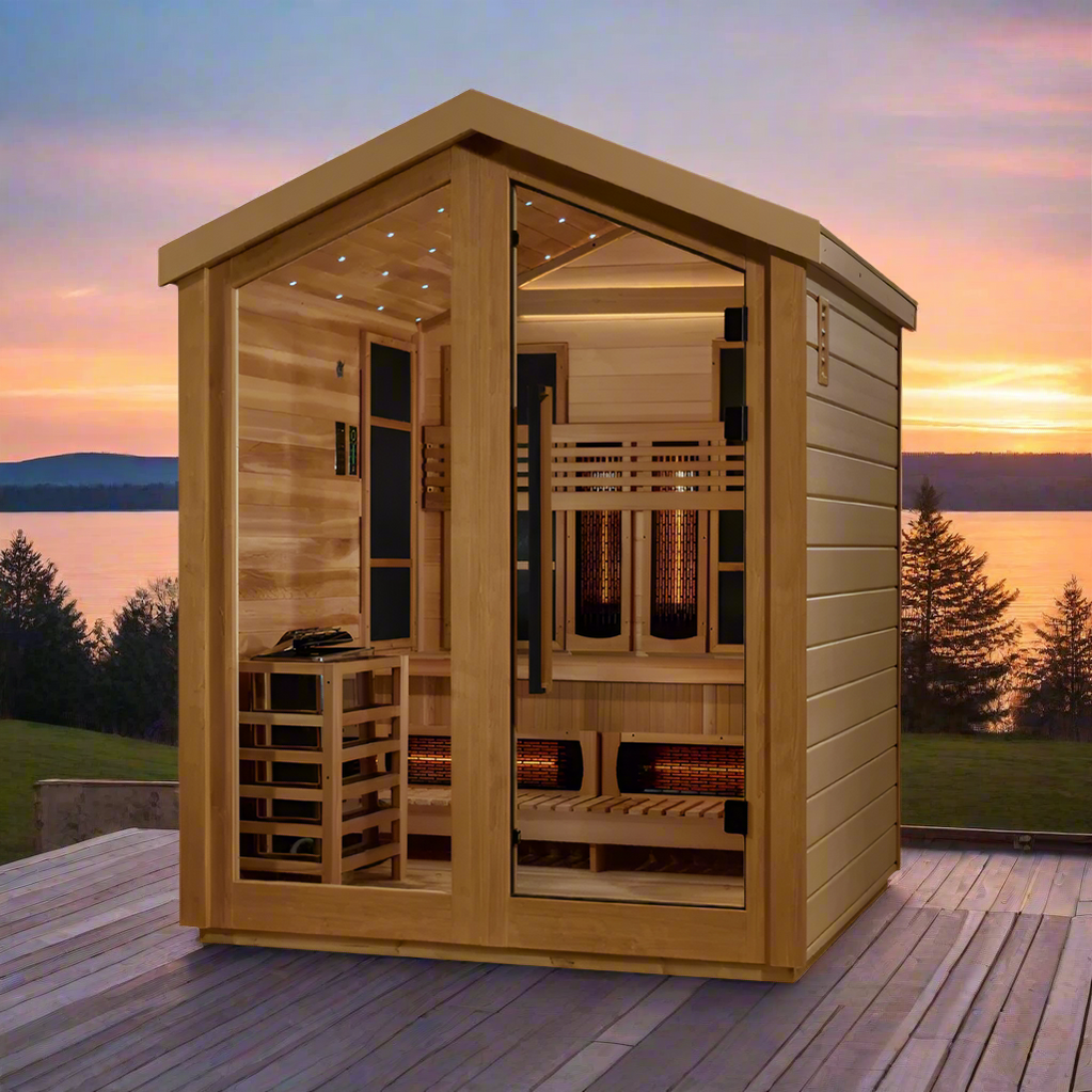 3-person outdoor hybrid sauna by Golden Designs featuring infrared full spectrum heat and traditional stove with Canadian Red Cedar interior