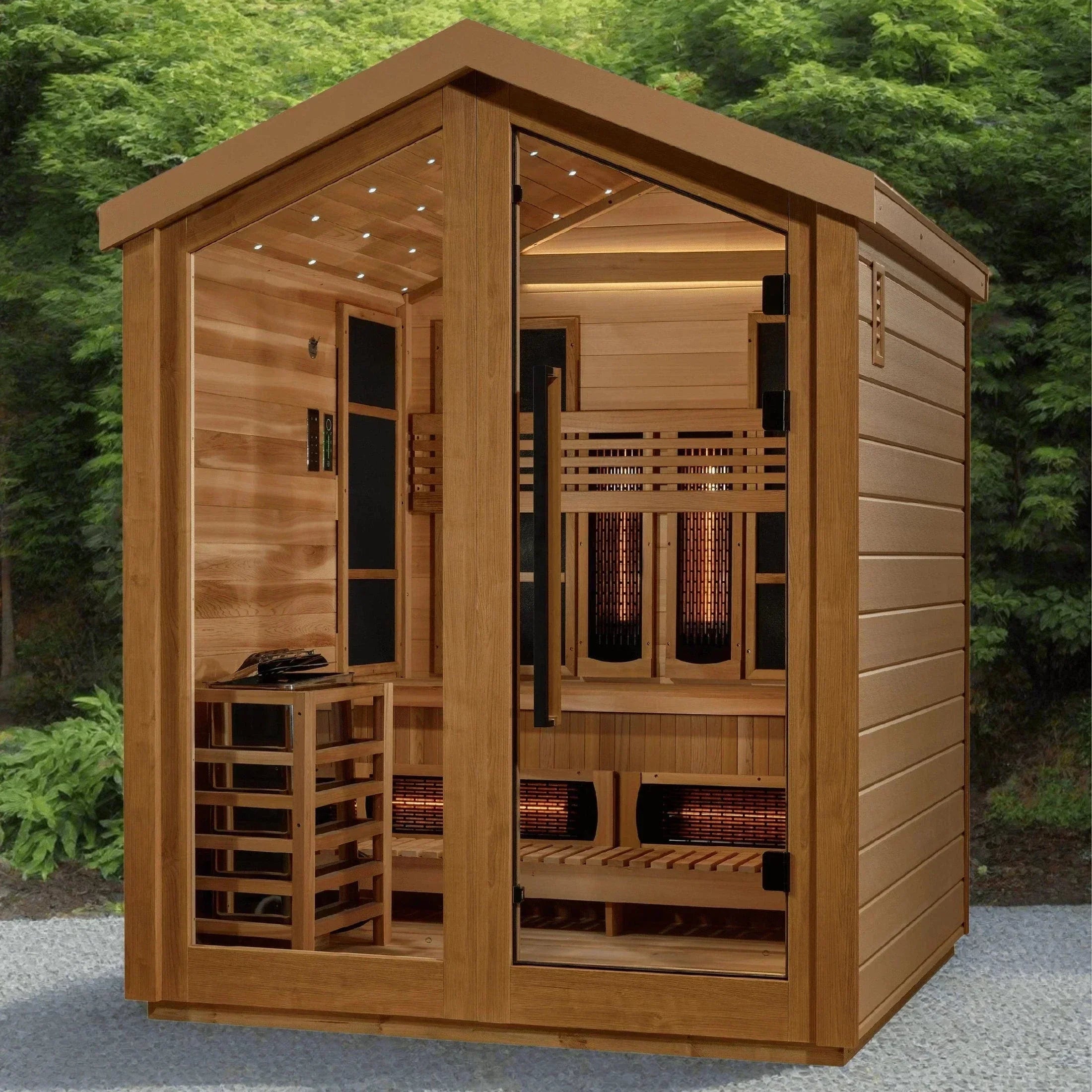 Golden Designs Loviisa 3-Person Hybrid Outdoor Sauna with Full Spectrum Infrared and Traditional Stove, crafted from Canadian Red Cedar for premium backyard wellness and relaxation