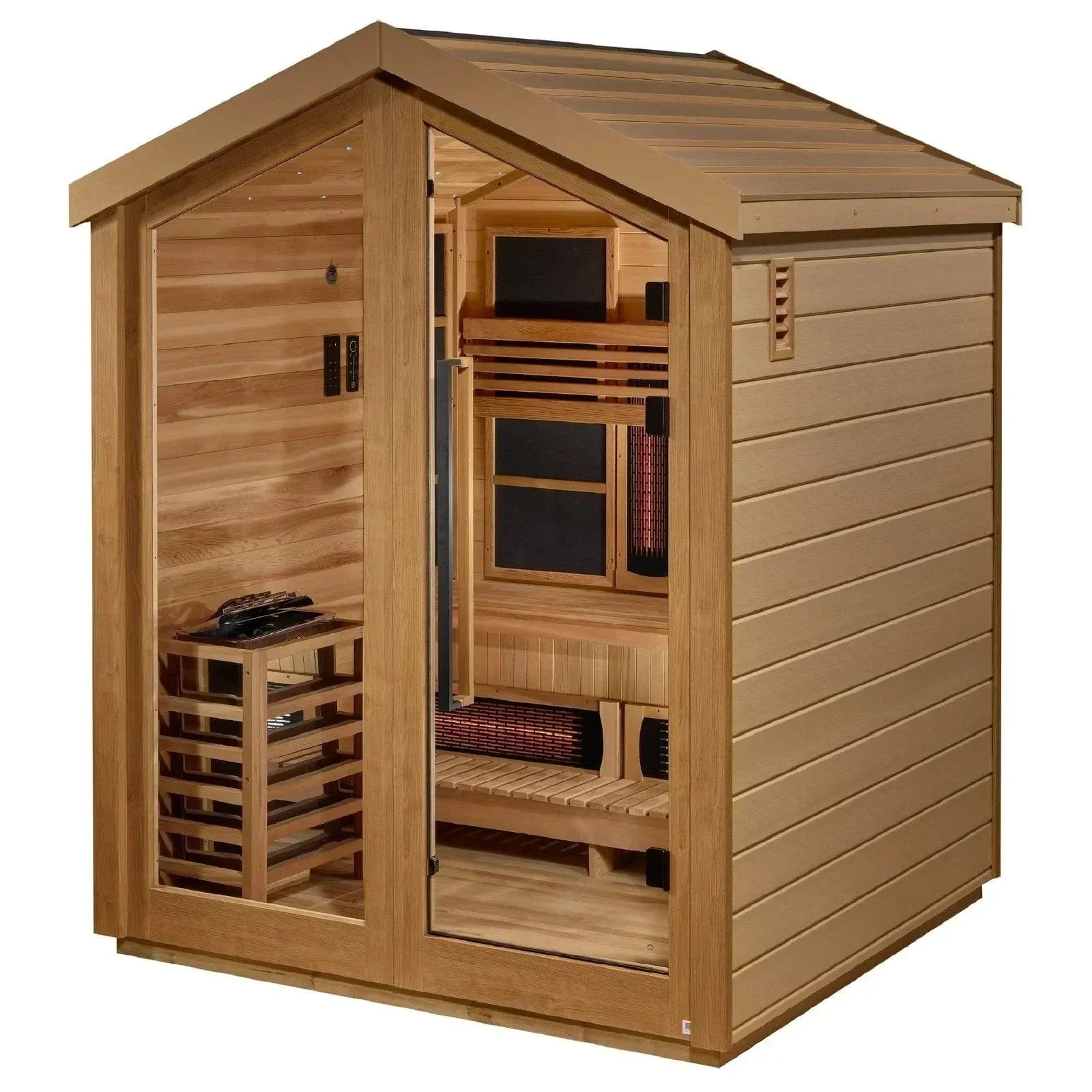 Golden Designs Hanko Edition 2-person traditional indoor sauna perfectly installed as a private wellness amenity inside a luxury boutique hotel suite.