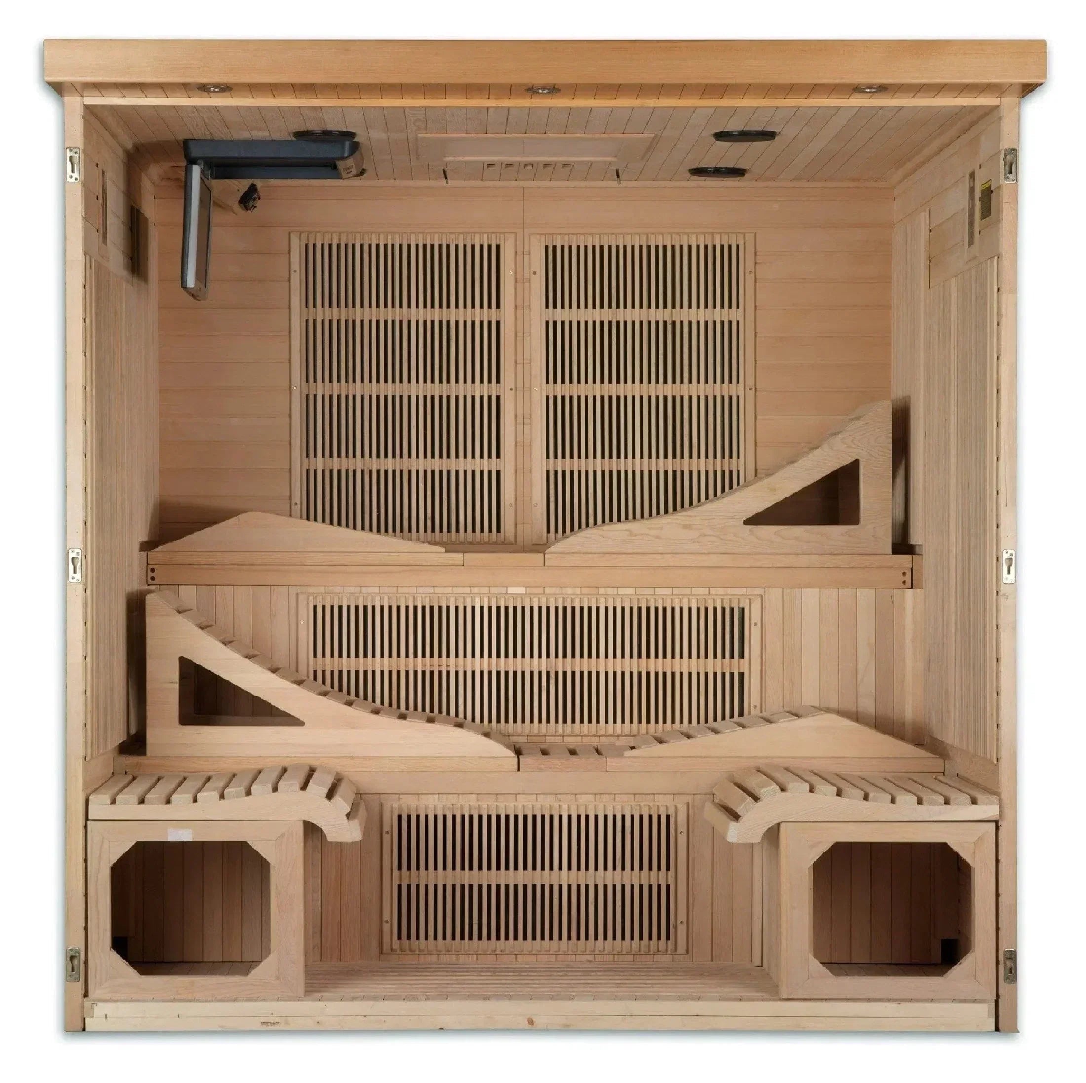 Golden Designs Monaco 6-person low-EMF infrared sauna beautifully installed as a home detox and wellness retreat in a spacious residential gym.