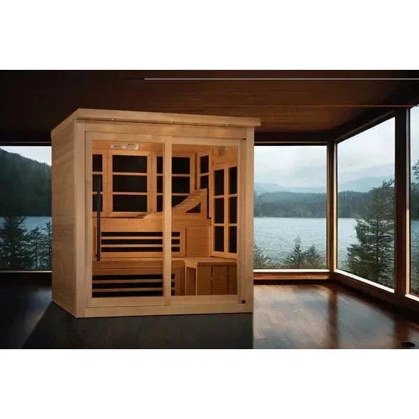 Golden Designs Monaco Limited Edition 6-person PureTech™ near zero EMF far infrared sauna made from Canadian hemlock wood for premium home wellness relaxation