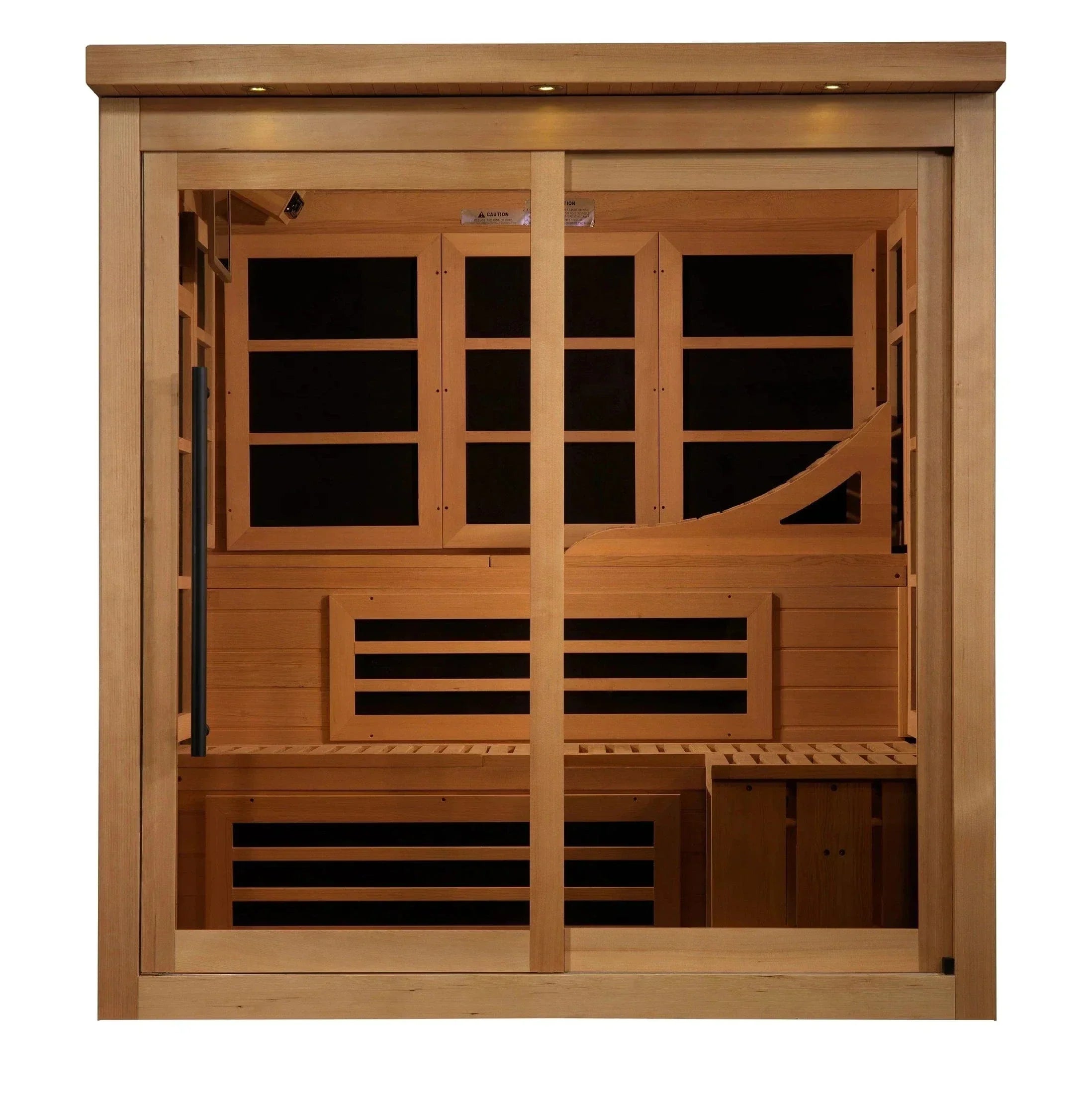Interior cabin layout of Golden Designs Monaco 6-person sauna showcasing double-tier Canadian Hemlock wood benches.