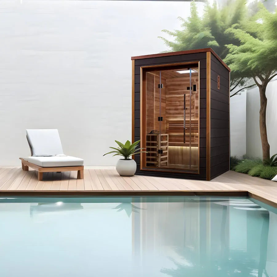 Golden Designs Narvik 2 Person Outdoor Sauna GDI-8202-01 premium cedar wood backyard cabin sauna with Harvia electric heater for luxury home spa experience