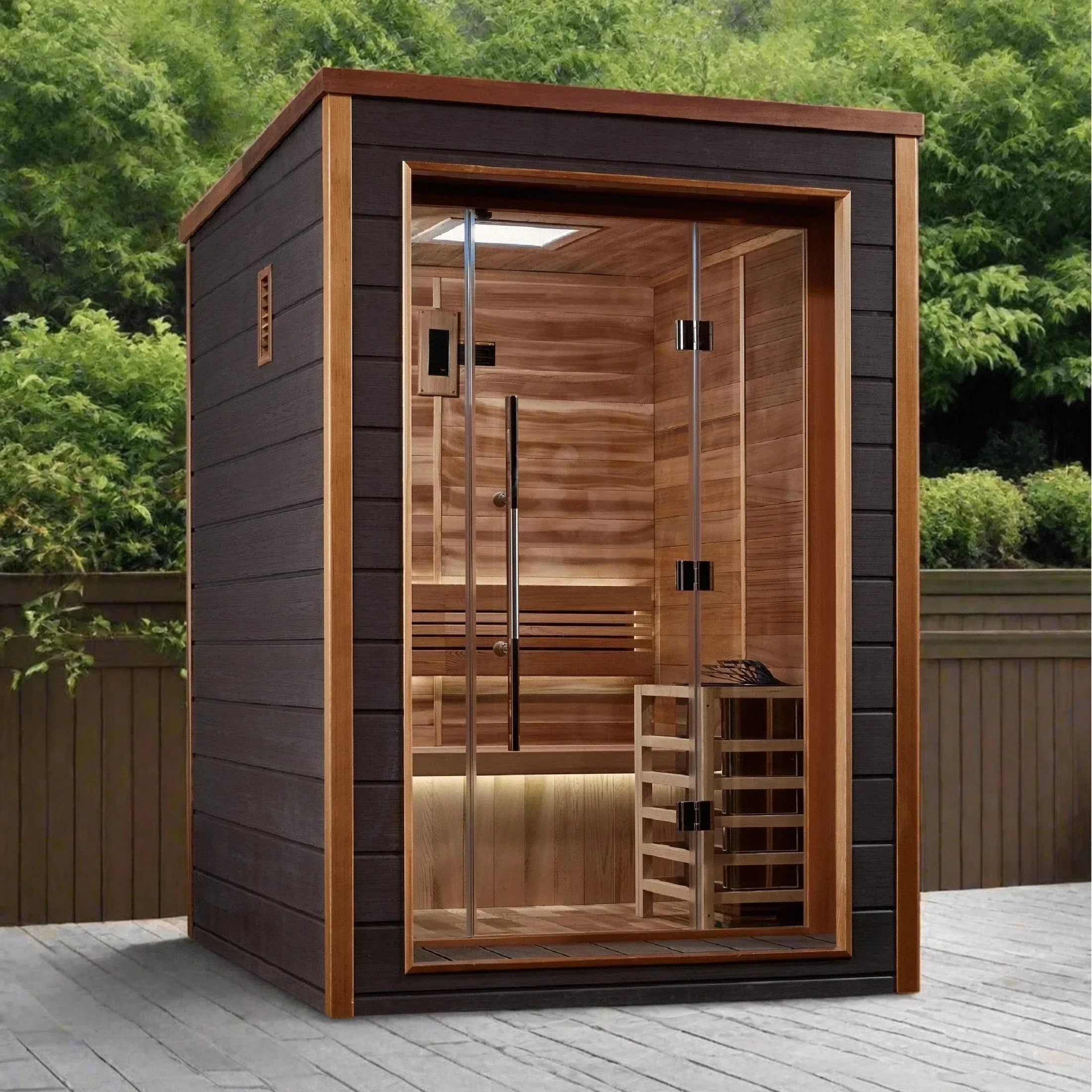 Golden Designs Narvik outdoor sauna for 2 people GDI-8202-01 compact backyard cedar wood sauna with glass door and Harvia heating system