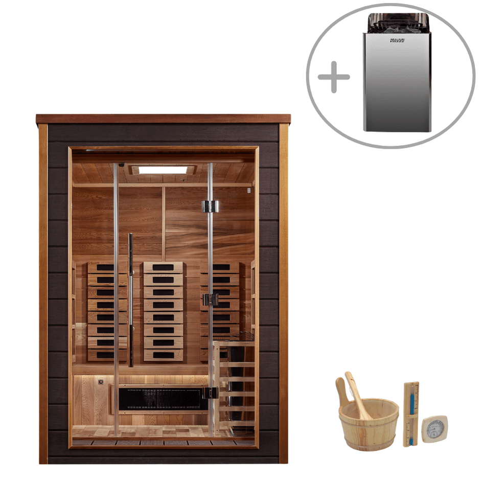 Backyard 2-person hybrid sauna Golden Designs Nora with PureTech infrared system or stove heat, designed for detox, recovery, and relaxation