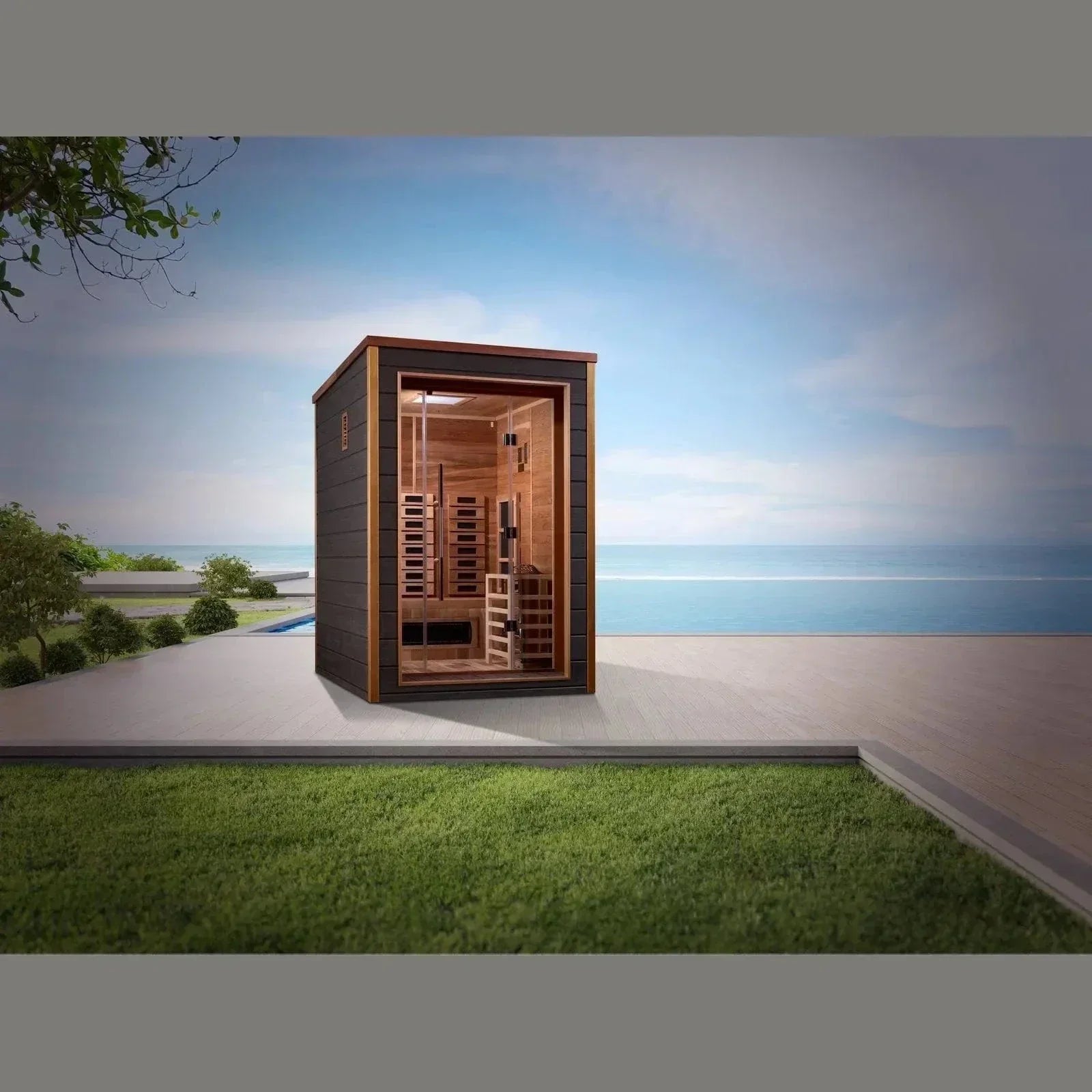 2-Person Golden Designs Nora Outdoor Hybrid Sauna featuring PureTech infrared heating or wood stove option with premium Canadian Red Cedar finish