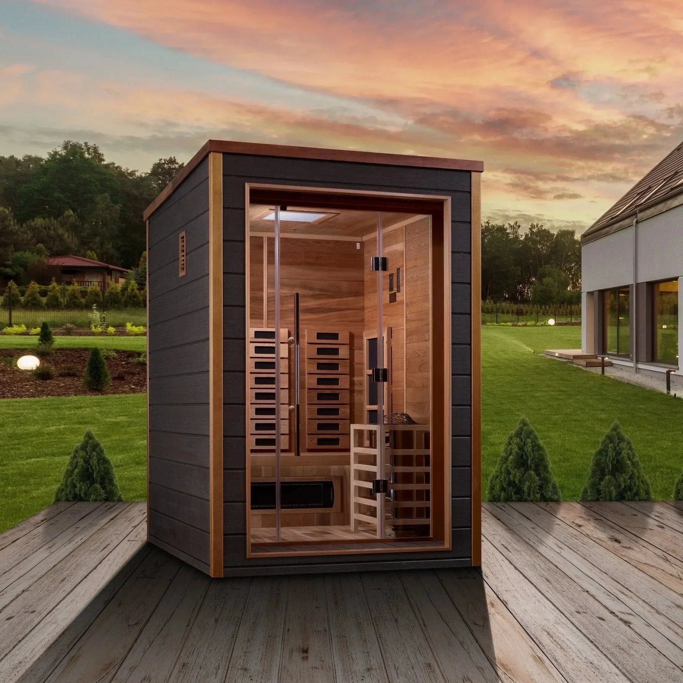 Golden Designs Nora 2-Person Hybrid Outdoor Sauna with Full Spectrum Infrared and Traditional Stove, Canadian Red Cedar interior backyard wellness cabin