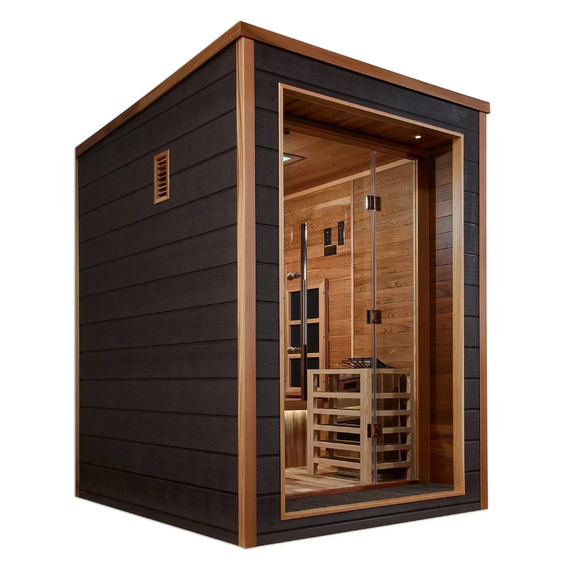 Golden Designs Nora 2-Person Outdoor Hybrid Sauna with PureTech Full Spectrum Infrared or Traditional Stove, crafted with Canadian Red Cedar interior for premium backyard wellness, detox, and relaxation