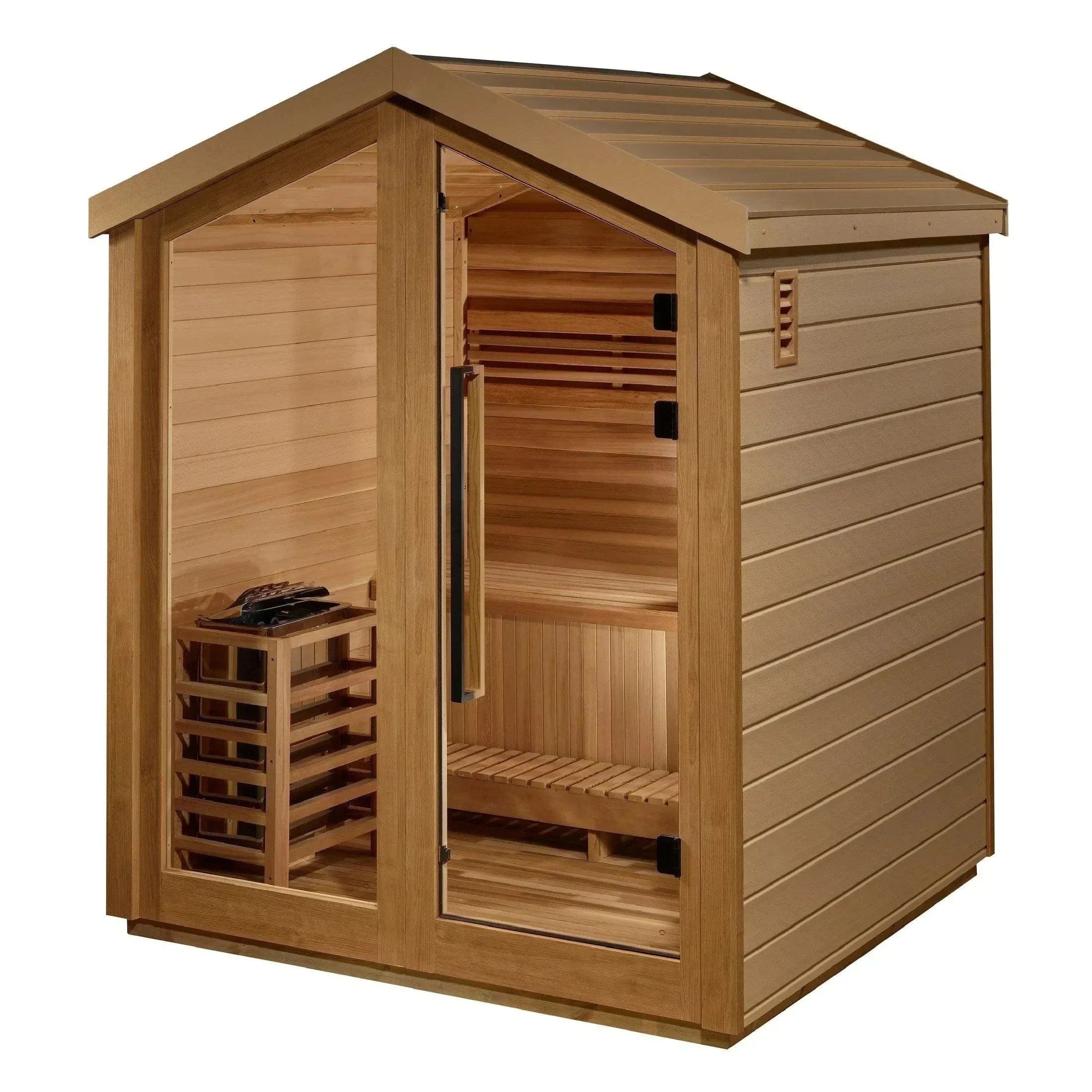 Golden Designs Savonlinna GDI-8503-01 outdoor sauna for 3 persons with high-quality wood finish and traditional heating design ideal for backyard spa relaxation.