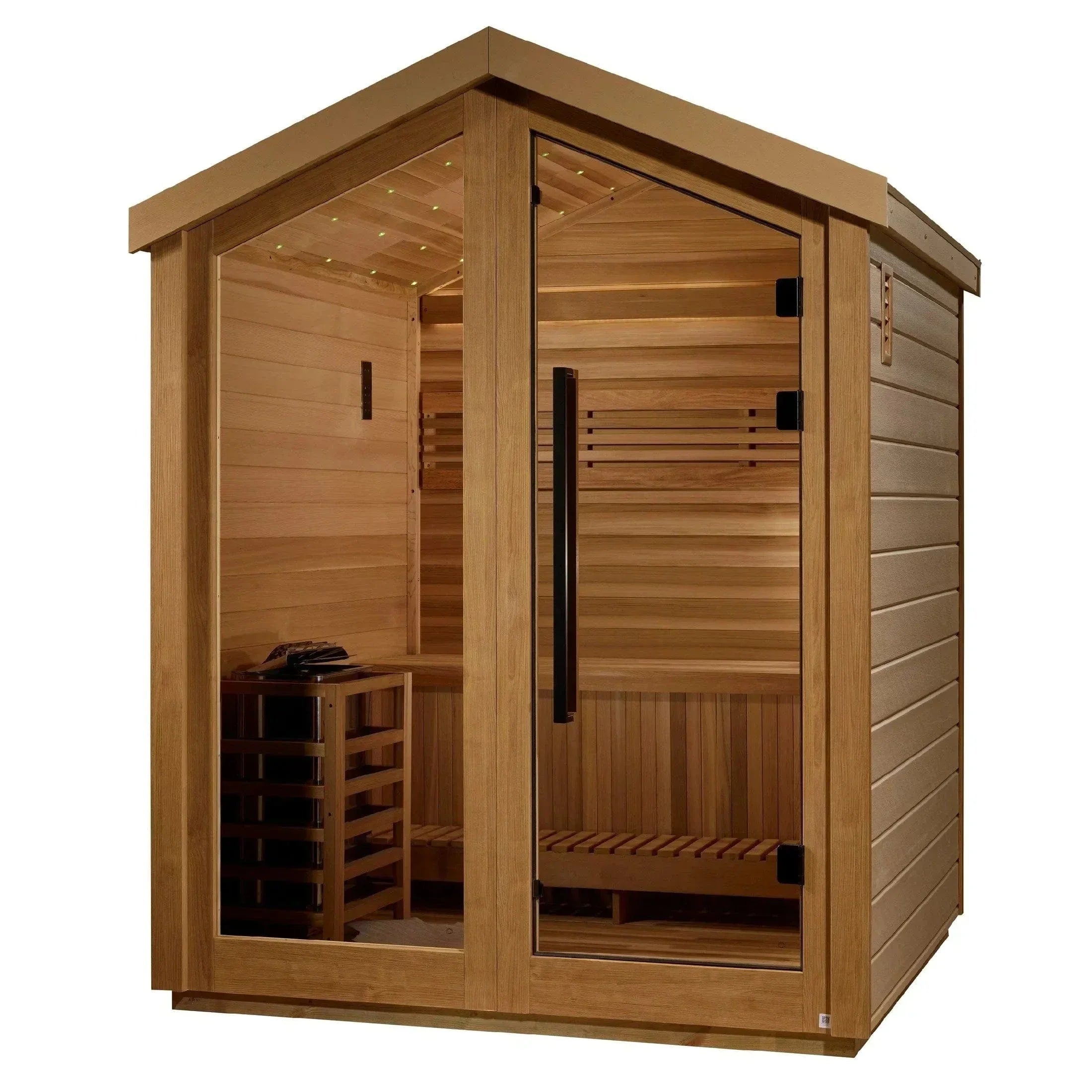 3 person outdoor traditional sauna Golden Designs Savonlinna GDI-8503-01 featuring durable cabin-style construction and natural wood interior for luxury spa use at home.