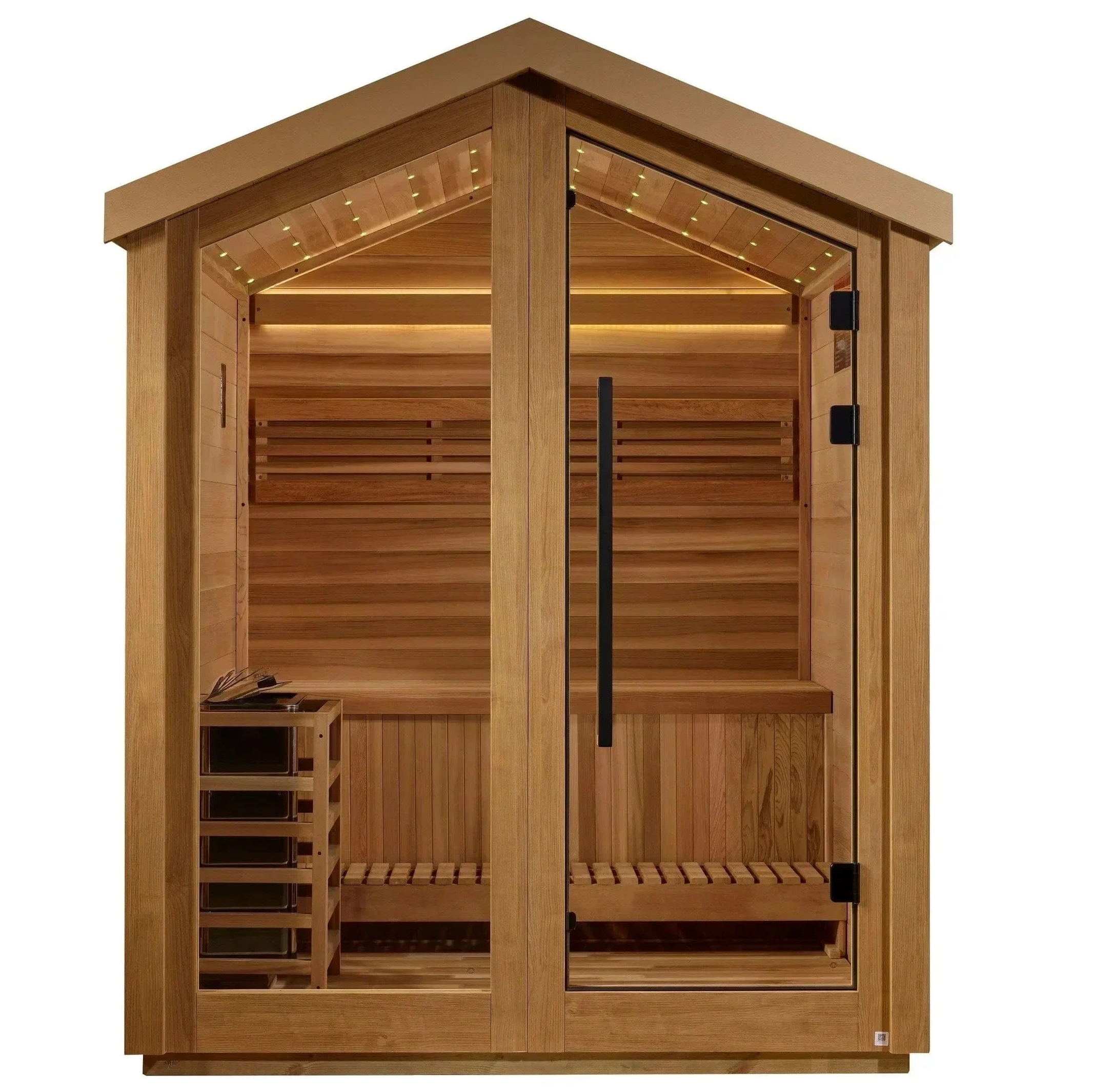 Golden Designs Savonlinna GDI-8503-01 3-person outdoor traditional sauna featuring a durable all-weather protective exterior shell.