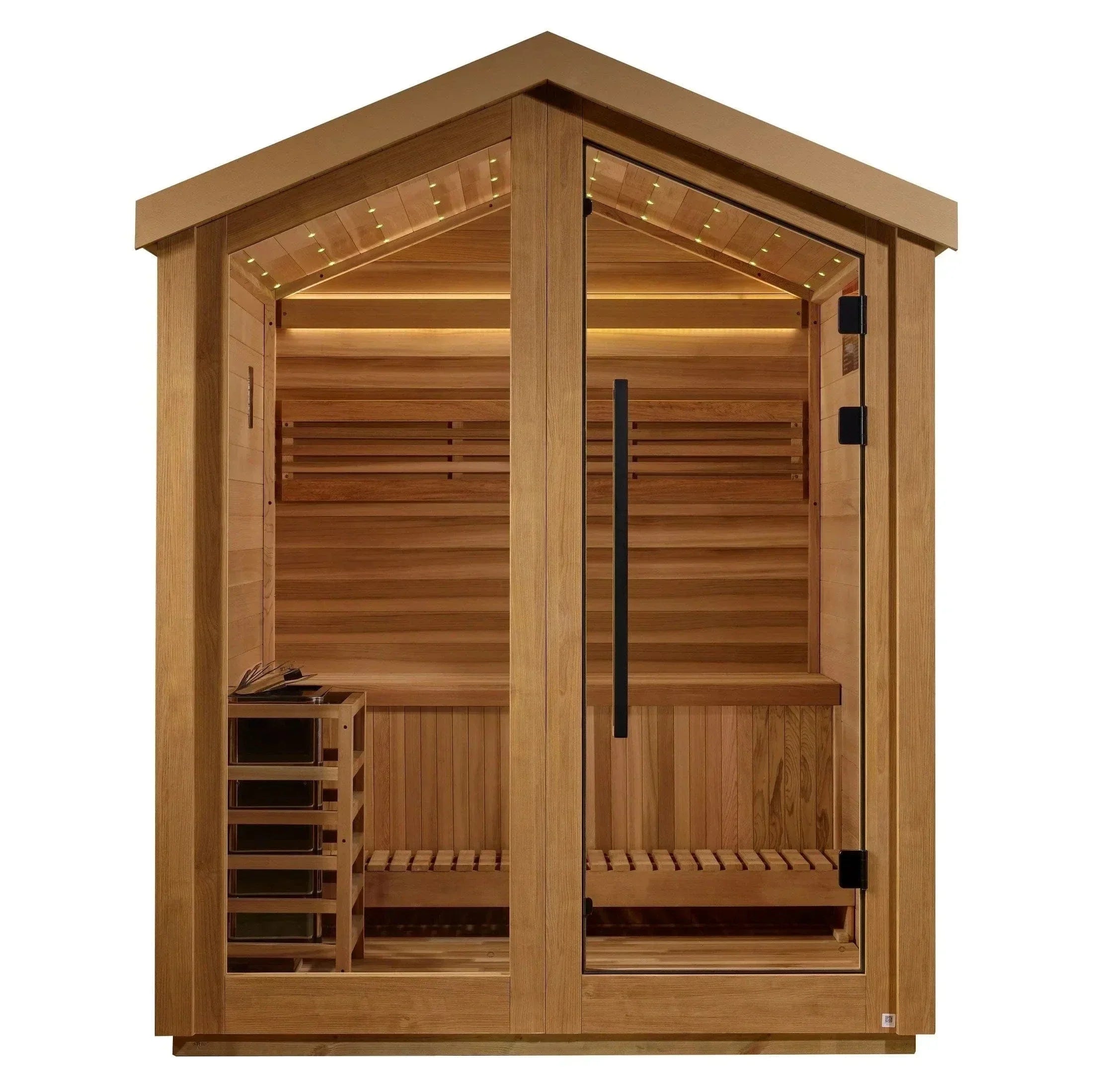 Golden Designs Savonlinna GDI-8503-01 3-person outdoor traditional sauna featuring a durable all-weather protective exterior shell.