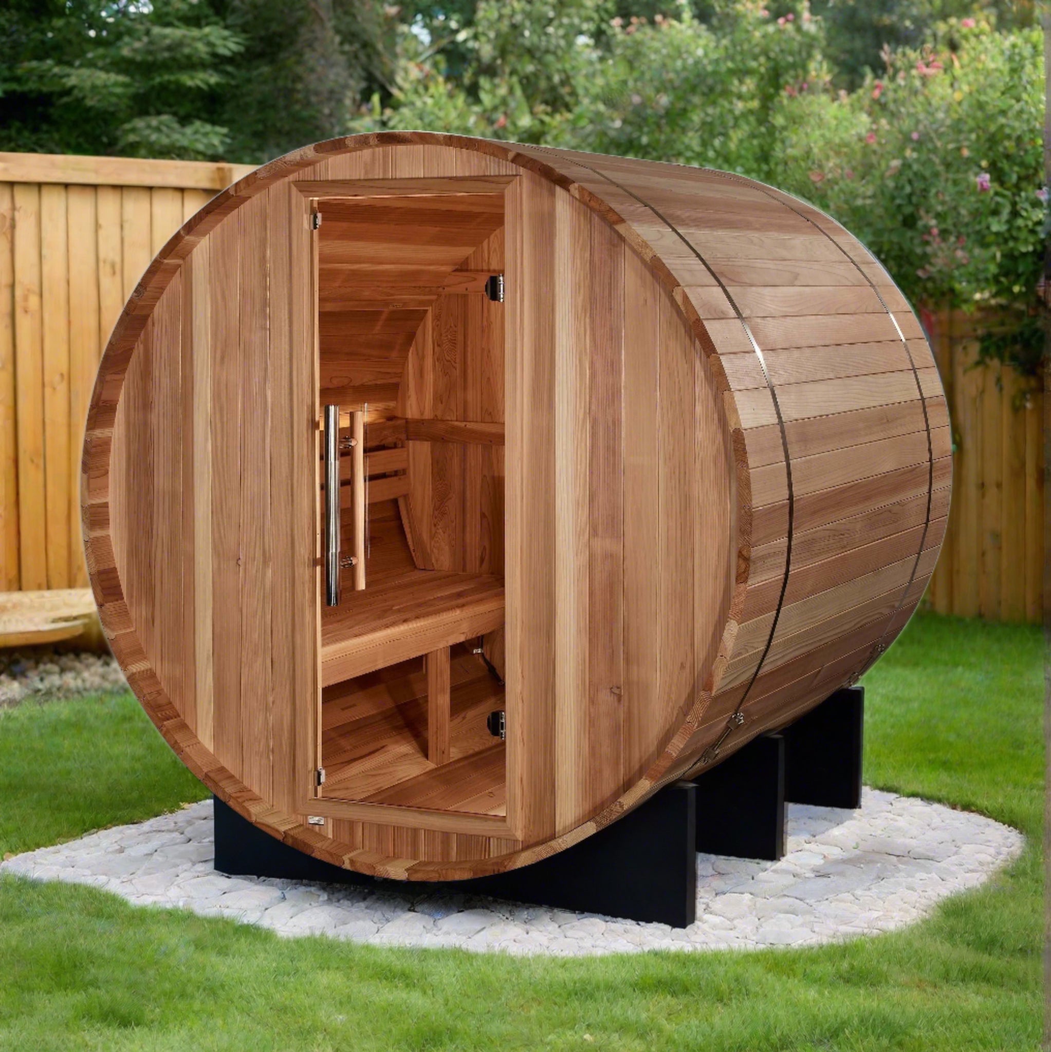 Golden Designs outdoor sauna St. Moritz 2-person model made with Pacific Cedar wood for home relaxation and spa comfort
