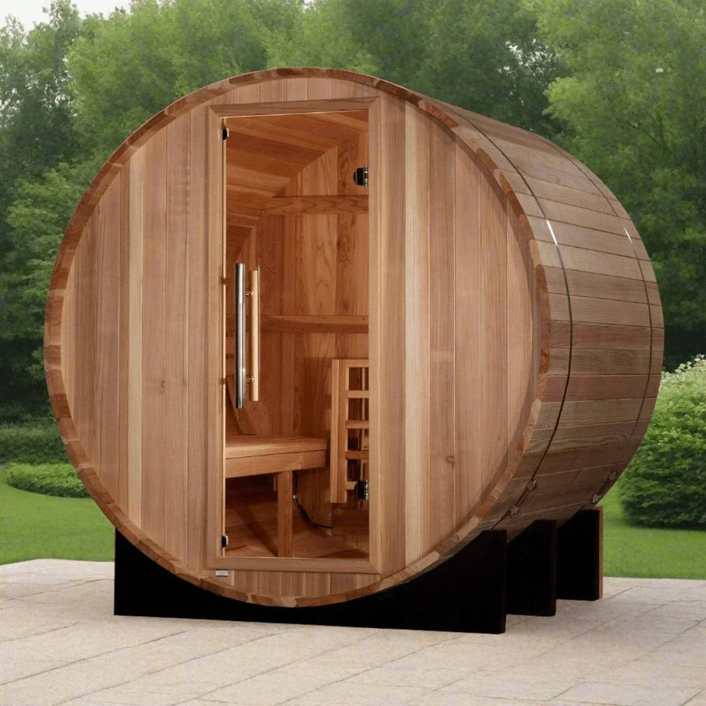 Compact 2-person backyard barrel sauna by Golden Designs St. Moritz with classic design and high-heat traditional sauna experience