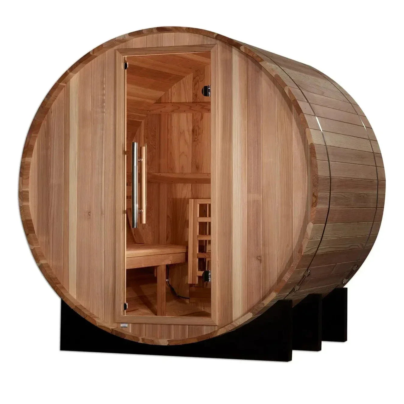 Golden Designs St. Moritz 2-Person Barrel Traditional Outdoor Sauna made from Pacific Cedar wood, designed for backyard spa relaxation and efficient heat performance