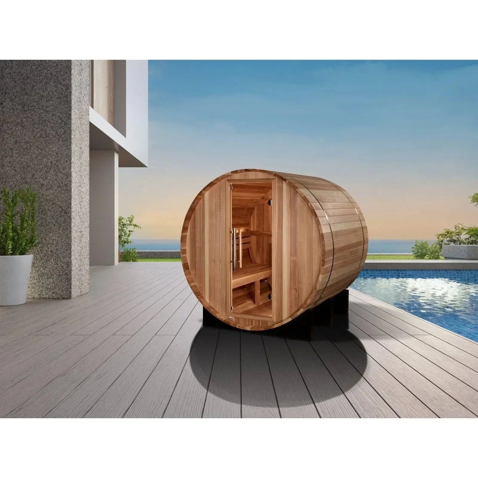 Backyard barrel sauna Golden Designs St. Moritz for 2 users with efficient heating range and durable cedar wood build