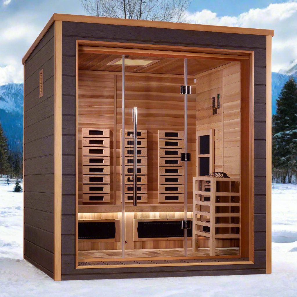 Golden Designs Visby 3 person hybrid outdoor sauna featuring infrared and traditional heating system with premium cedar wood construction