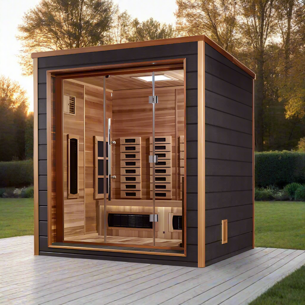 Outdoor 3 person hybrid sauna Visby by Golden Designs with full spectrum infrared therapy and natural wood cabin design