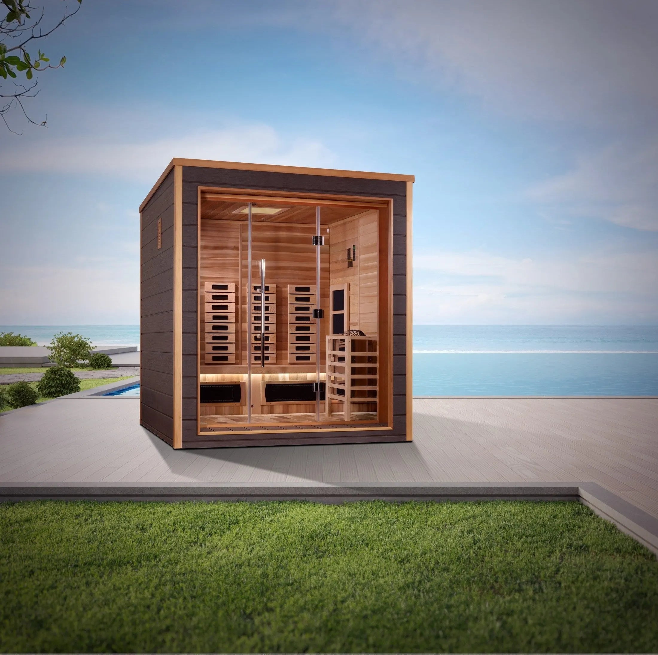 Luxury 3 seat outdoor sauna cabin Golden Designs Visby hybrid model with red cedar interior and dual heating technology