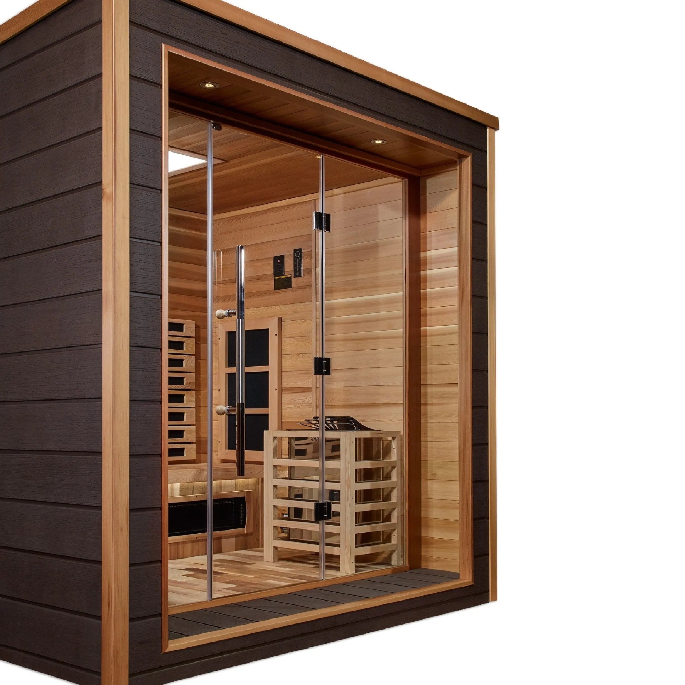 Golden Designs GDI-8223-01 Visby hybrid sauna for 3 people outdoor spa with infrared panels and traditional stove heating