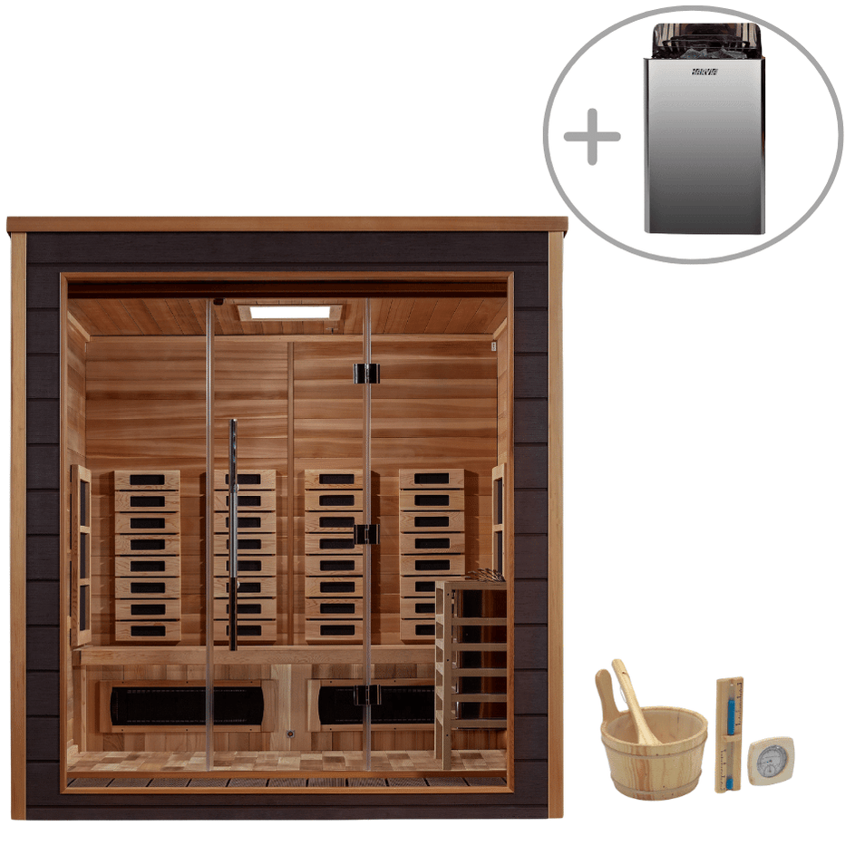 Premium outdoor hybrid sauna for 3 people Visby model with infrared therapy system and handcrafted cedar wood structure