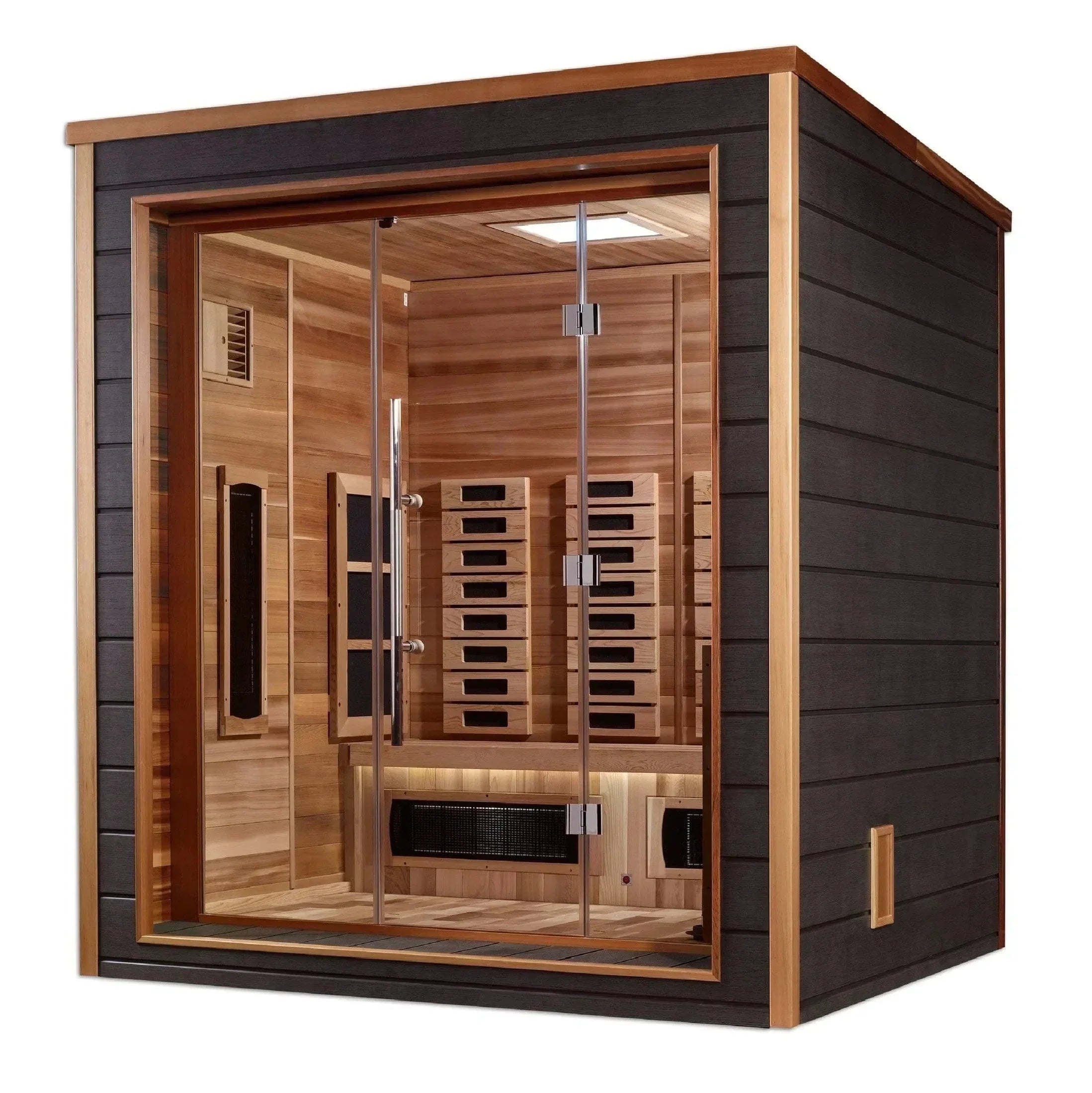 3 person outdoor hybrid sauna Golden Designs Visby with infrared and traditional heater, cedar wood spa cabin