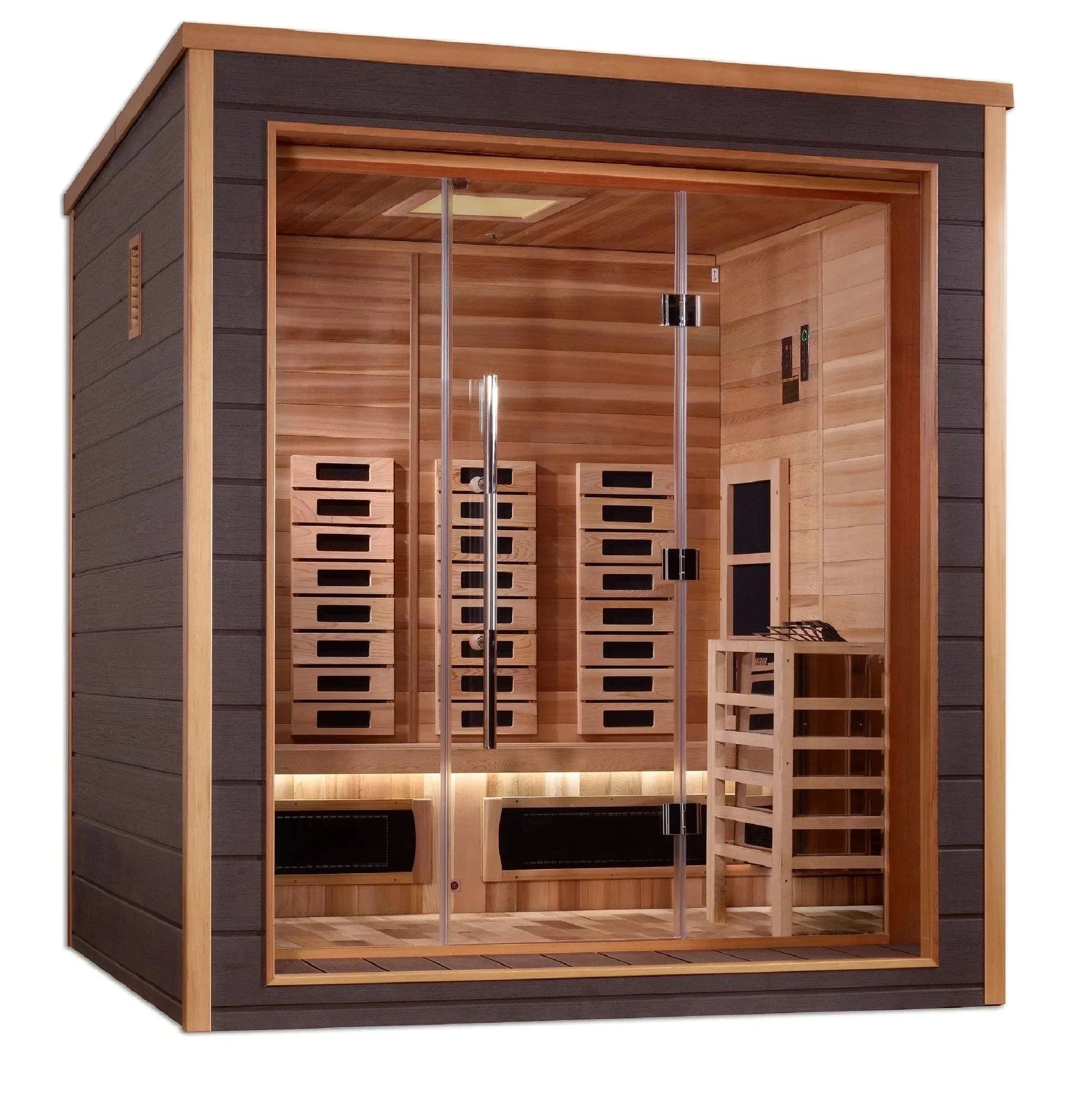 Golden Designs Visby 3 Person Hybrid Outdoor Sauna with full spectrum infrared and traditional heating, Canadian red cedar interior, premium outdoor wellness sauna for home spa relaxation