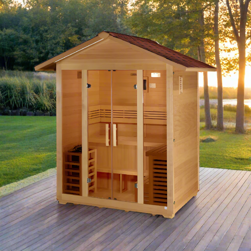 5-person Golden Designs Vorarlberg traditional outdoor sauna with durable weather-resistant finish and natural wood construction