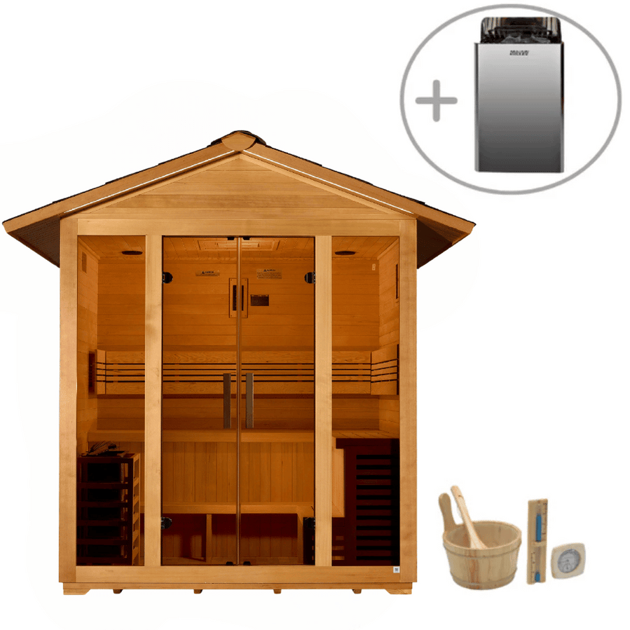 Spacious 5-person outdoor sauna cabin Vorarlberg model by Golden Designs with natural wood and luxury spa feel