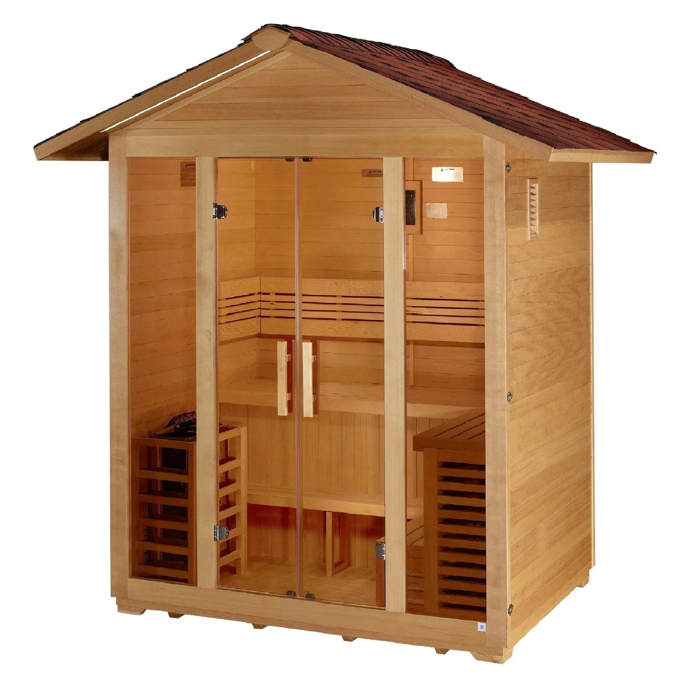 Golden Designs Vorarlberg outdoor 5-person traditional sauna cabin crafted from premium Canadian Hemlock for home backyard wellness