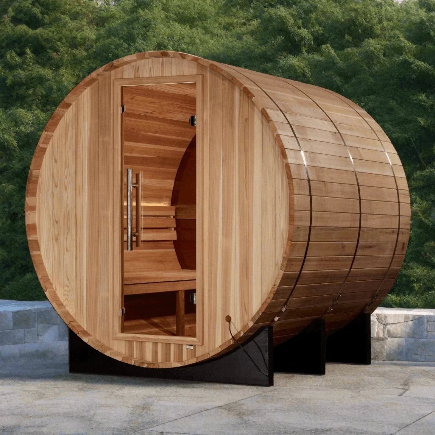 Golden Designs Zurich 4 Person Barrel Sauna featuring a traditional outdoor barrel structure, natural wood finish, and comfortable space for relaxing sauna sessions.