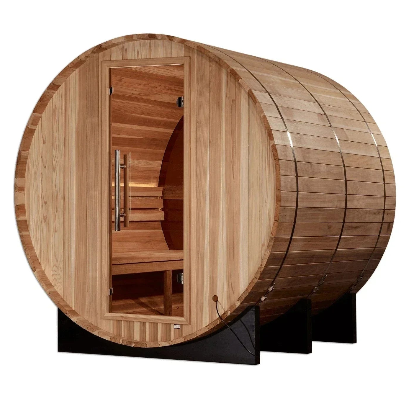 Golden Designs Zurich GDI-B024-01 4-person traditional outdoor barrel sauna kit made from natural Pacific Premium Cedar wood.