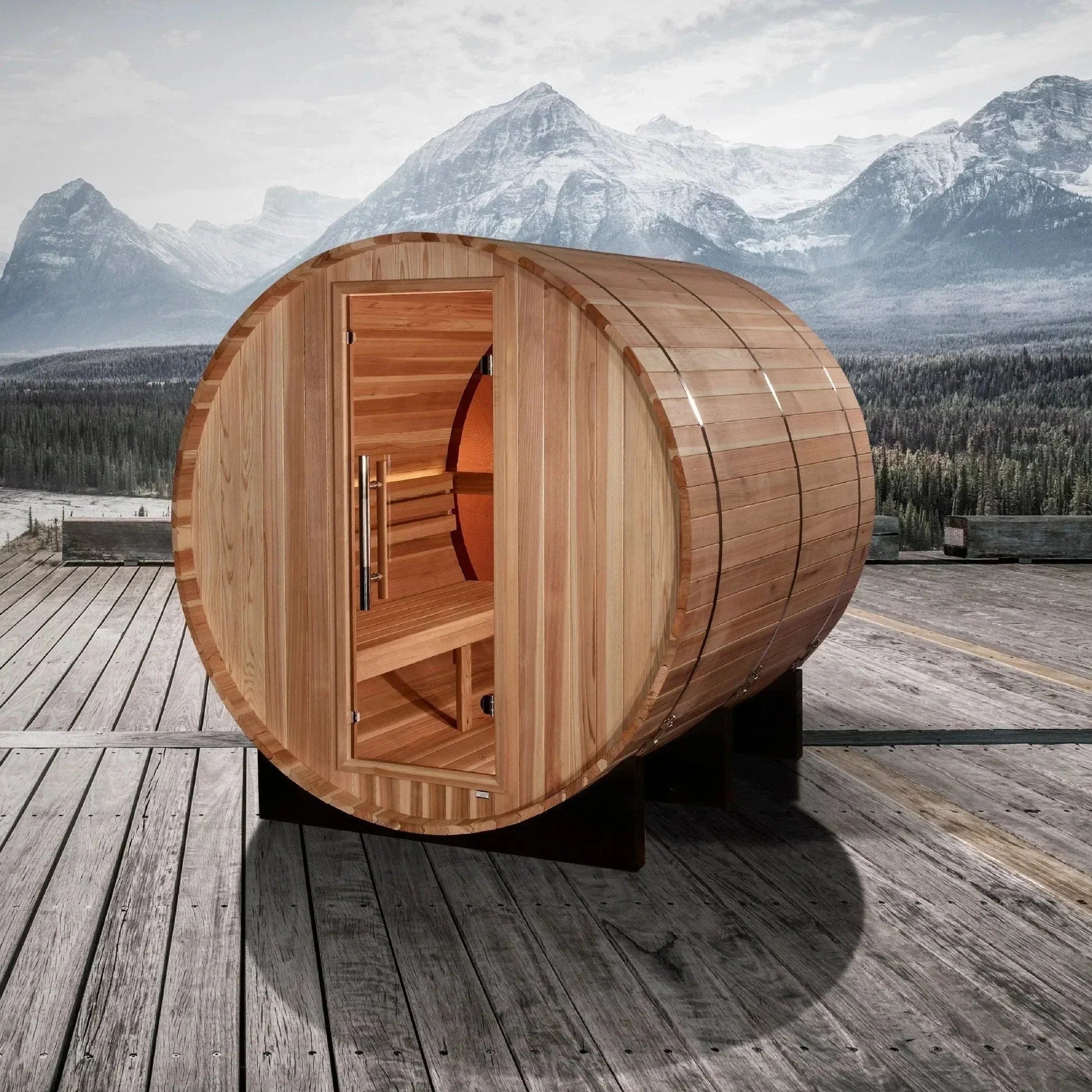 Luxury Golden Designs Zurich barrel sauna featuring seating for four people and a classic outdoor wood-fired sauna cabin aesthetic.