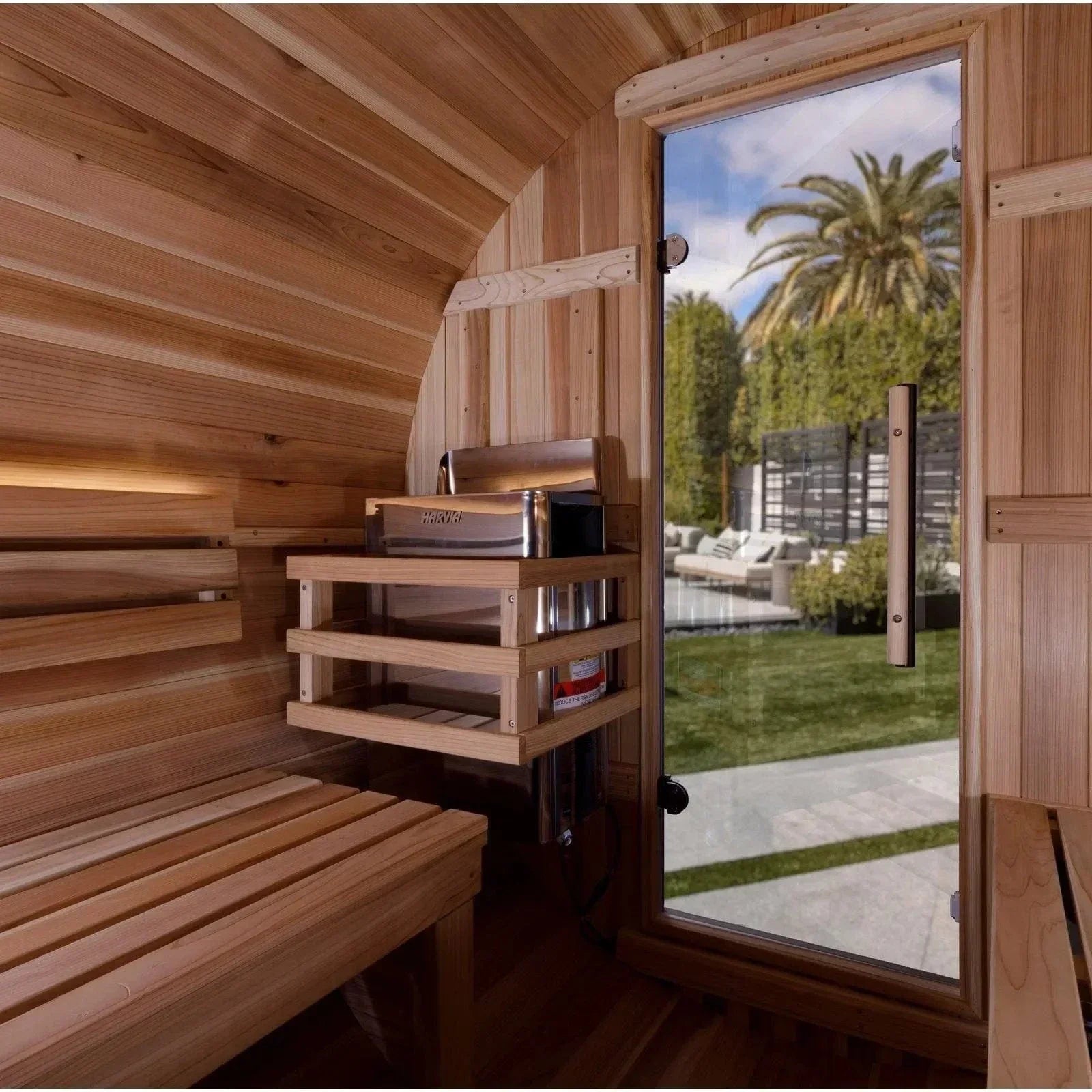 Golden Designs Zurich 4 Person Outdoor Barrel Traditional Sauna with elegant wooden craftsmanship, curved barrel construction