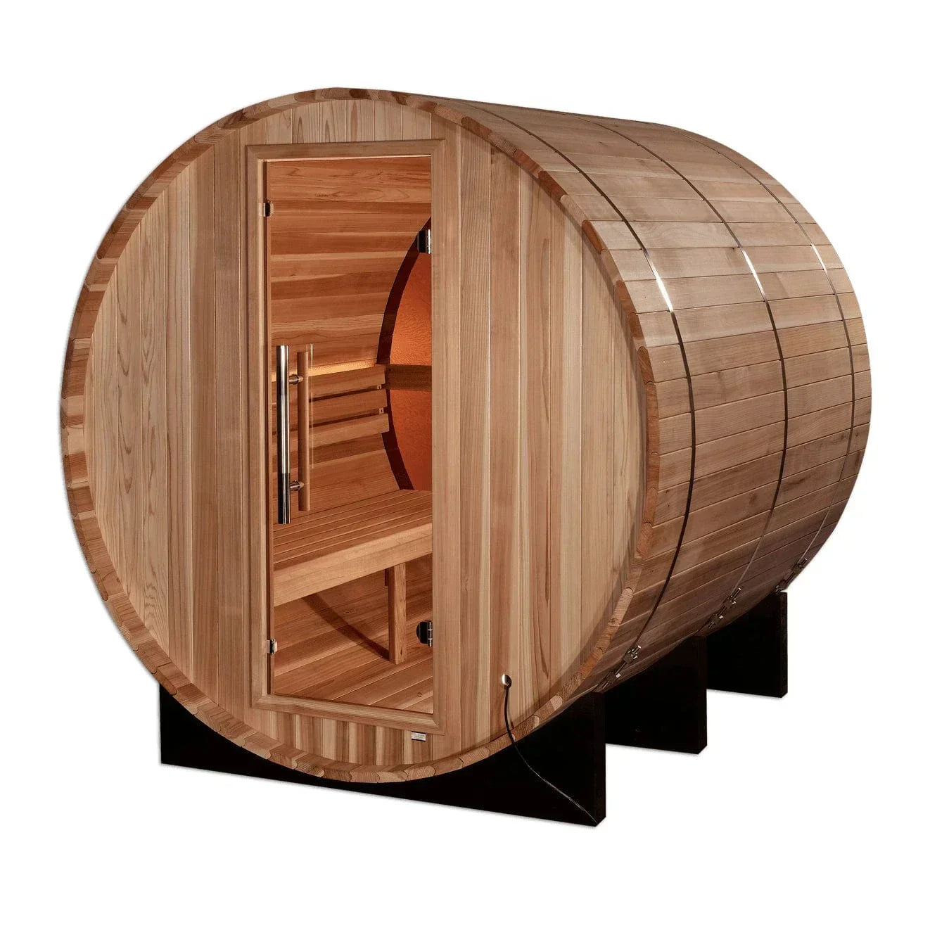 Golden Designs Zurich 4 Person Outdoor Barrel Traditional Sauna with elegant wooden craftsmanship, curved barrel construction, and luxury backyard spa experience.