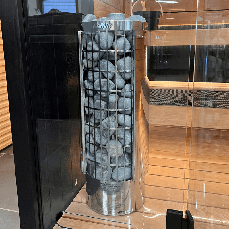 Harvia Cilindro PC90 9kW Sauna Heater Package with Integrated Controls & Sauna Stones