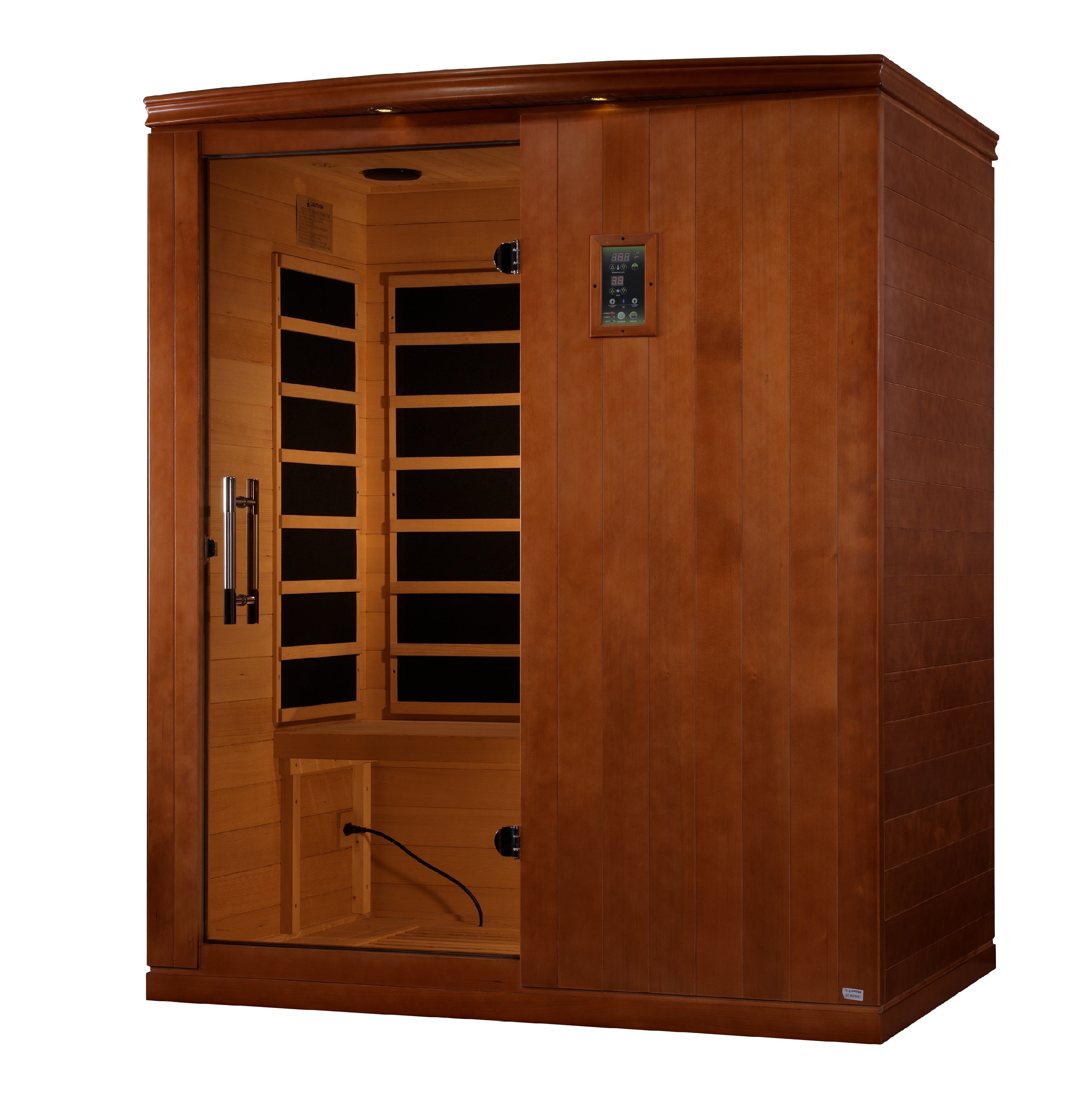 Dynamic Madrid Limited Elite 3-Person Spacious Ultra Low EMF FAR Infrared Hemlock Wood Sauna cabin front view.