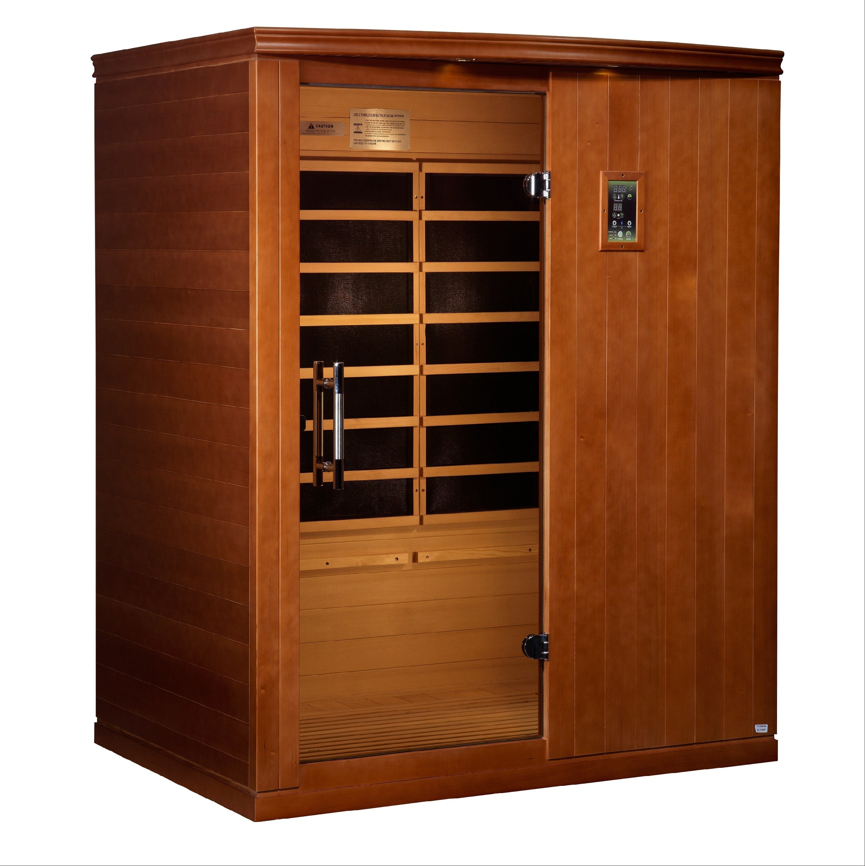 Dynamic Madrid Limited Elite 3-Person Infrared Sauna made from natural Canadian hemlock wood featuring ultra low EMF FAR infrared heating system, spacious interior design, and premium home wellness relaxation technology for recovery and comfort.