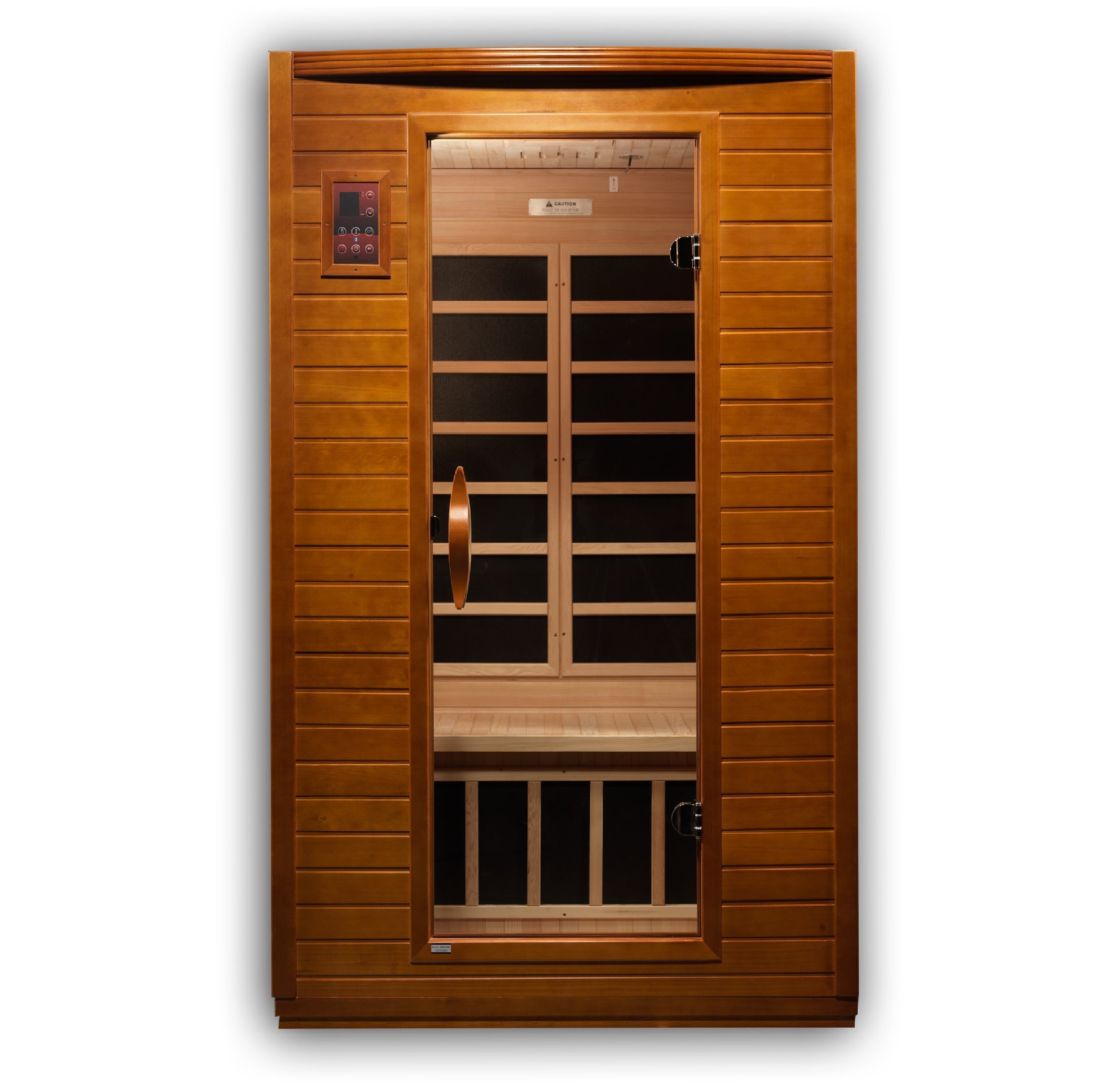 Dynamic Versailles 2-Person Ultra Low EMF FAR Infrared Canadian Hemlock Sauna cabin in a home gym setting.