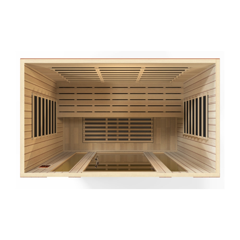 Dynamic Bergamo DYN-6440-01 Elite 4-person infrared sauna front view with Canadian Hemlock wood finish and Ultra Low EMF FAR infrared heating system