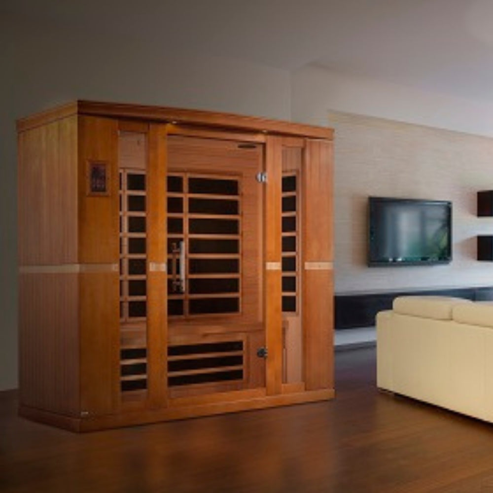 Close-up detail of Dynamic Bergamo Elite infrared sauna craftsmanship with natural wood grain Canadian Hemlock finish and modern build quality