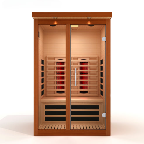 Dynamic Llumeneres 2-Person Full Spectrum Near Zero EMF Infrared Sauna model shown in a home wellness studio.
