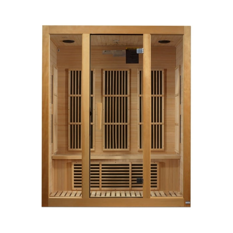 Maxxus Bellevue 3-person near zero EMF infrared sauna made from Canadian Hemlock wood with spacious indoor design for full-body heat therapy and relaxation.