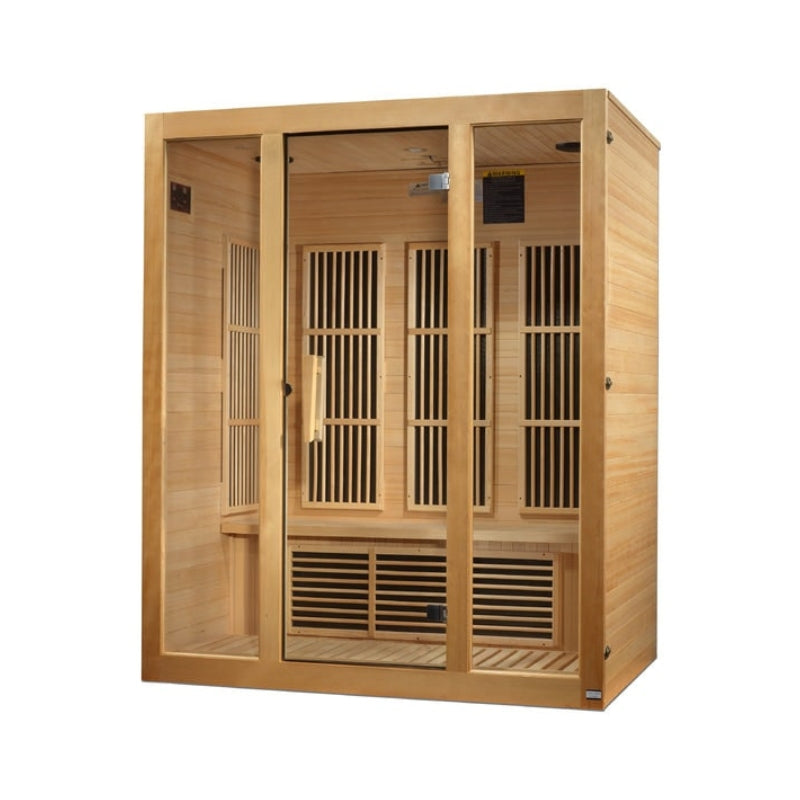 3-person Maxxus Bellevue infrared sauna featuring near zero EMF technology, natural Canadian Hemlock construction, and advanced home wellness heating system.